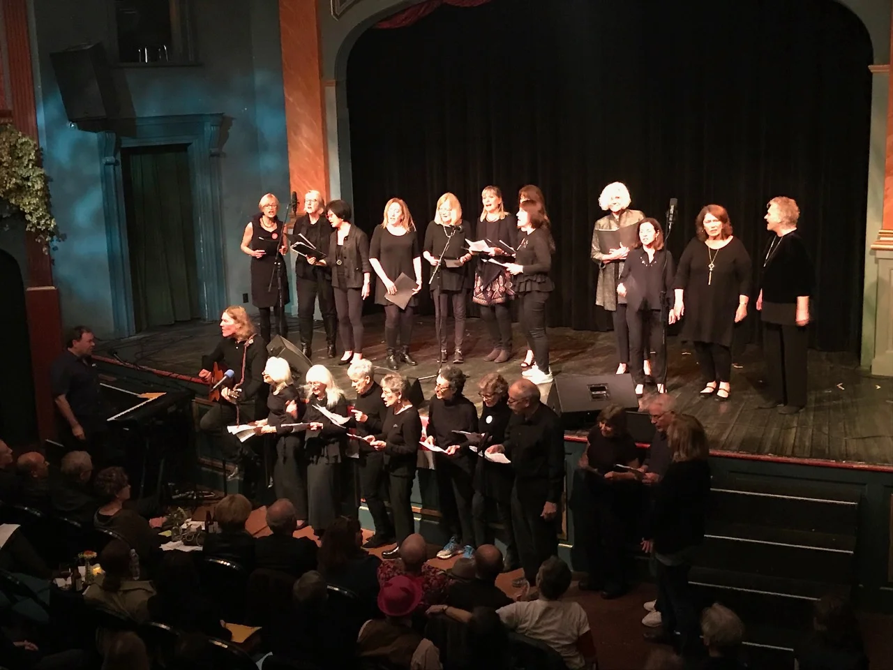 Music director Reed Fromer leads a sing-along of classic protest tunes with the Shady Ladies and the Can-Do Singers. Photo by George Osner.