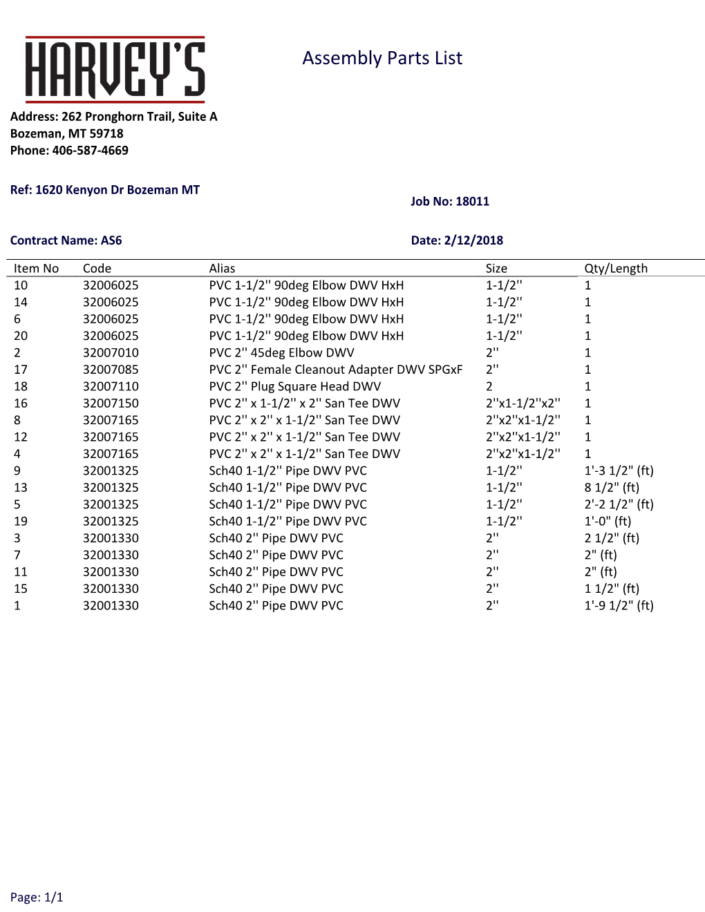 Assembly Order Sheet