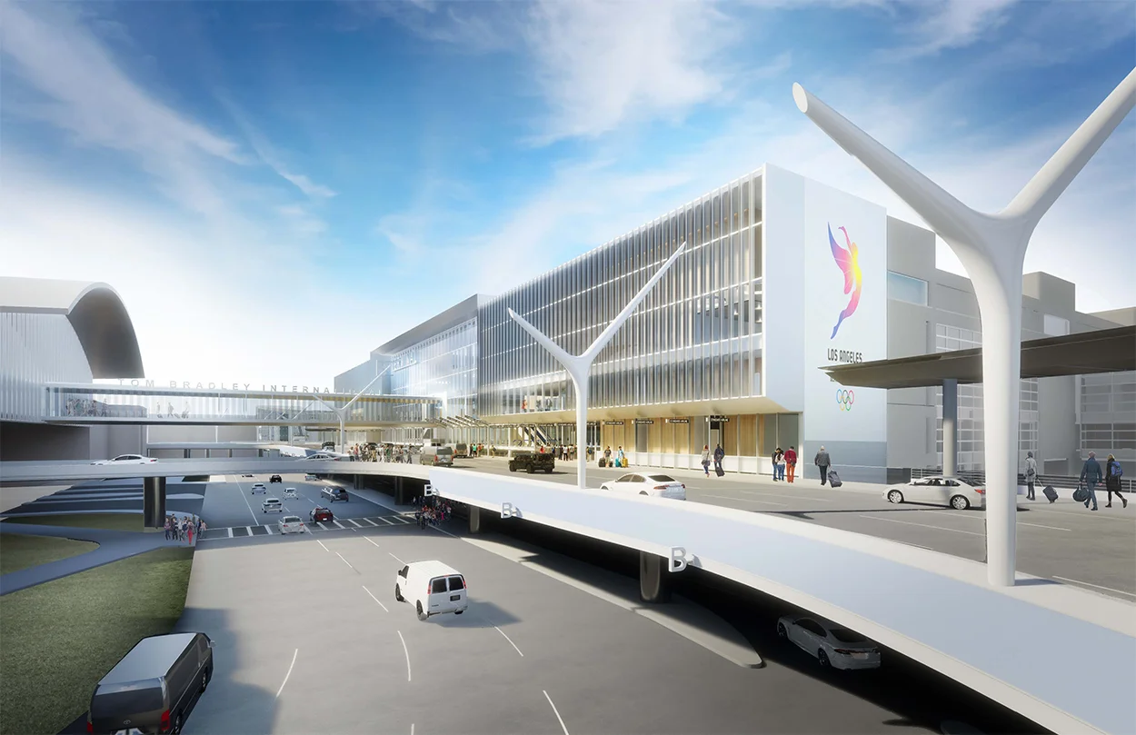 Conceptual rendering of Tom Bradley International Terminal's Terminal Core. The new walkway allows direct and easy transit from the APM station into the terminal. 