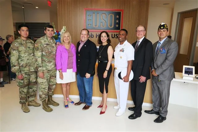 From left, CPT Sung Chung, CPT Christopher G. Montes, Los Angeles Board of Airport Commissioners Vice-President Valeria Velasco, Bob Hope USO President Bob Kurkjian, Delta Air Lines Managing Director of Government Affairs Dana Debel, Master Chief Petty Officer Lloyd Roberts, Wayne Kauffman, Bob Hope USO Board Member, and Noe G. Aguirre,1st Vice Commander Post 283 were on hand to mark Bob Hope USO's move into its new home at the Theme Building at LAX on Friday morning.