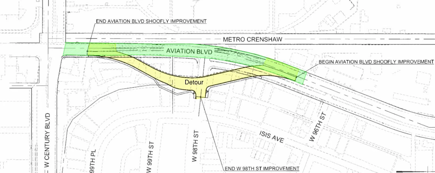 The map above shows the Aviation Boulevard 'shoofly' or detour road, which will allow through traffic between Arbor Vitae Street and Century Boulevard during construction of the 98th Street extension.
