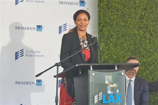 Deborah Flint, CEO of Los Angeles World Airports, speaks during today's groundbreaking event.