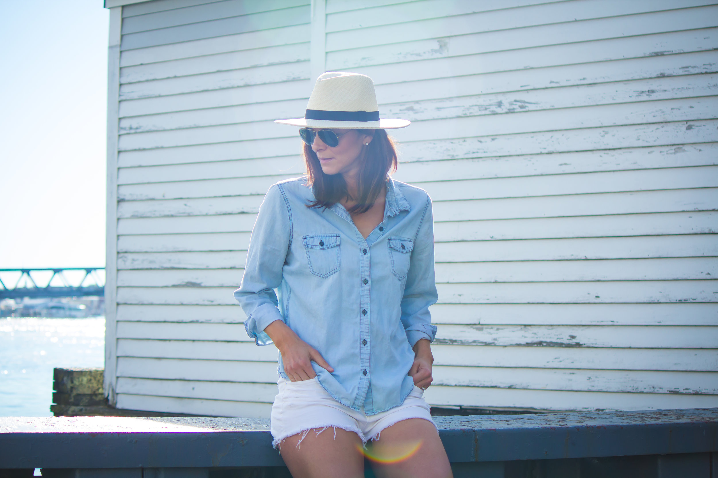 Panama hat outfits summer - Panama hat outfits - Panama hat outfits women- Chambray shirt outfits - Chambray shirt - Fashion for Women - #panamahat #chambrayshirt #heartandseam www.heartandseam.com
