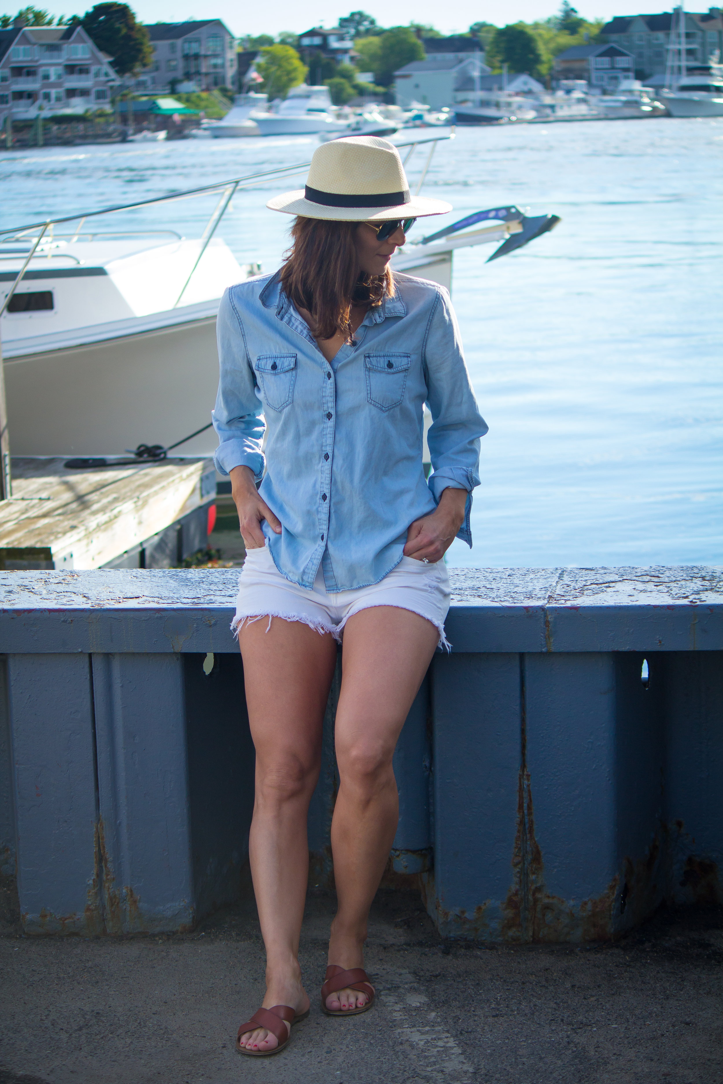 Panama hat outfits summer - Panama hat outfits - Panama hat outfits women- Chambray shirt outfits - Chambray shirt - Fashion for Women - #panamahat #chambrayshirt #heartandseam www.heartandseam.com