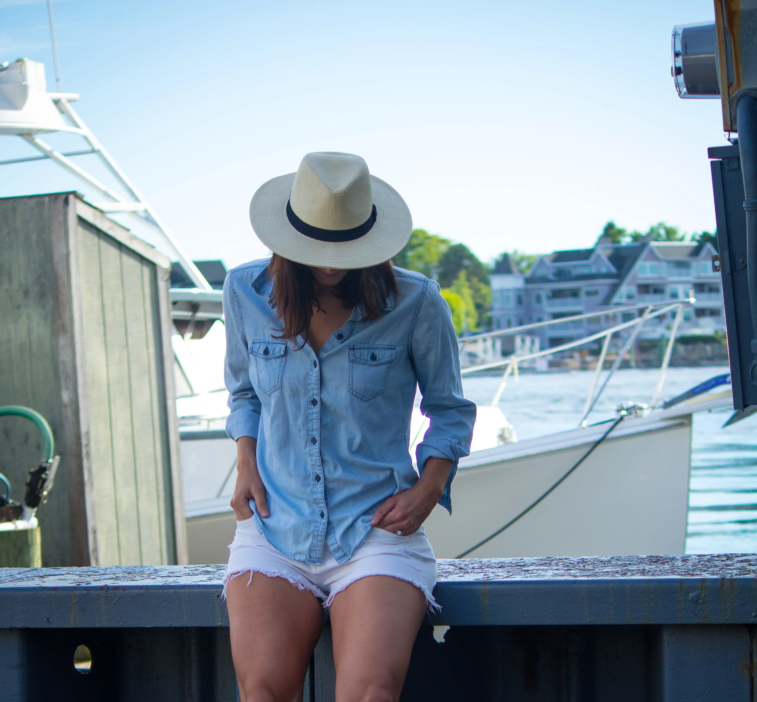 Panama hat outfits summer - Panama hat outfits - Panama hat outfits women- Chambray shirt outfits - Chambray shirt - Fashion for Women - #panamahat #chambrayshirt #heartandseam www.heartandseam.com