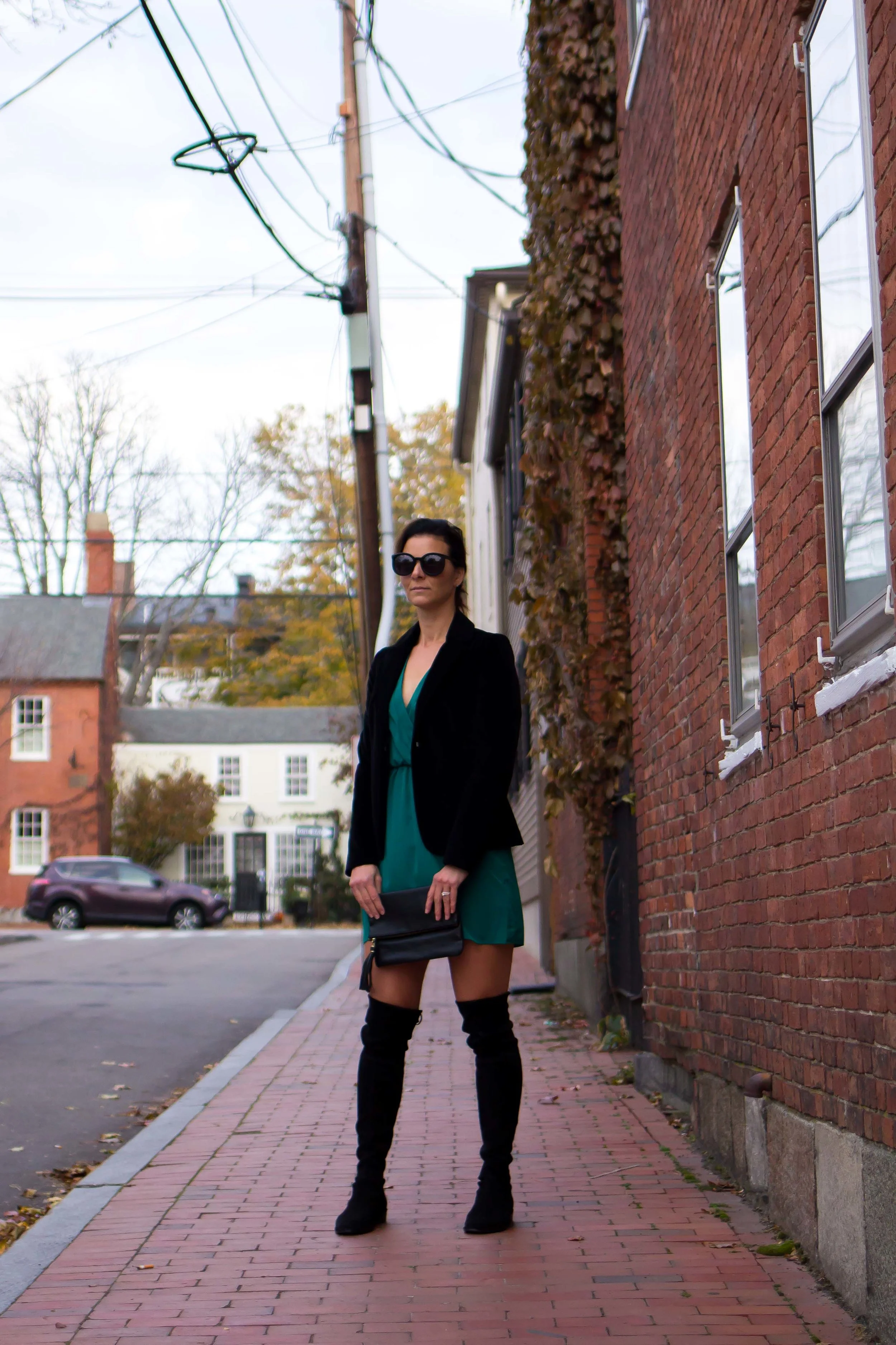 Holiday Outfits - Teal Dress Outfits – OTK Boots Outfits – Street Style Outfits - Cocktail Party Outfits - Dress Outfits - Fashion for Women – Holiday Party Outfits - Black Velvet Blazer Outfits – Date Night Outfits – heartandseam.com #heartandseam #otkboots