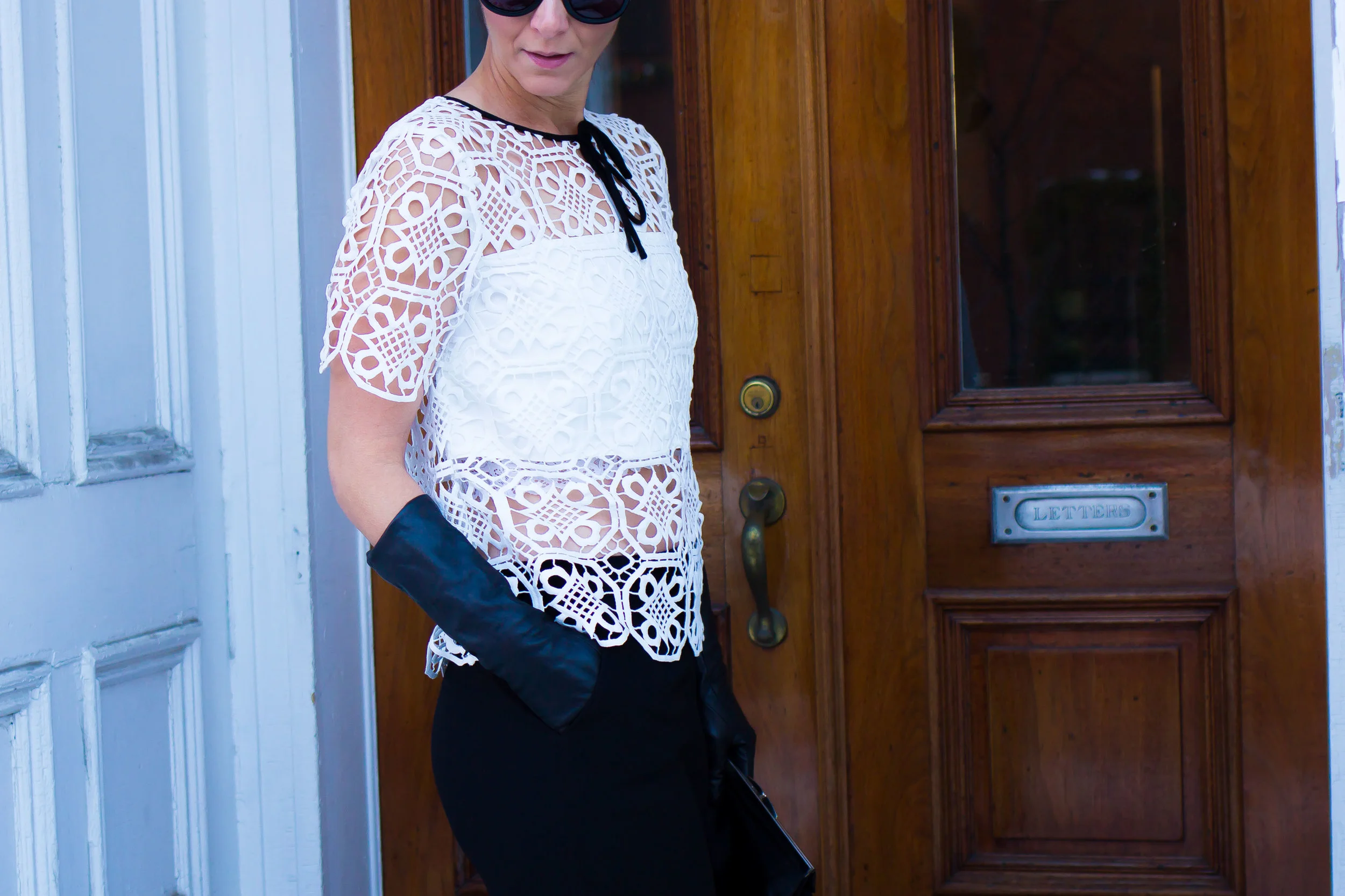 Work Wear Outfits - Casual Outfits - Weekend Outfits - Date Night Outfit - Long Leather Glove Outfits - White Crochet Top Outfits - Black and White Outfit Ideas- Fashion for Women - heartandseam.com #heartandseam