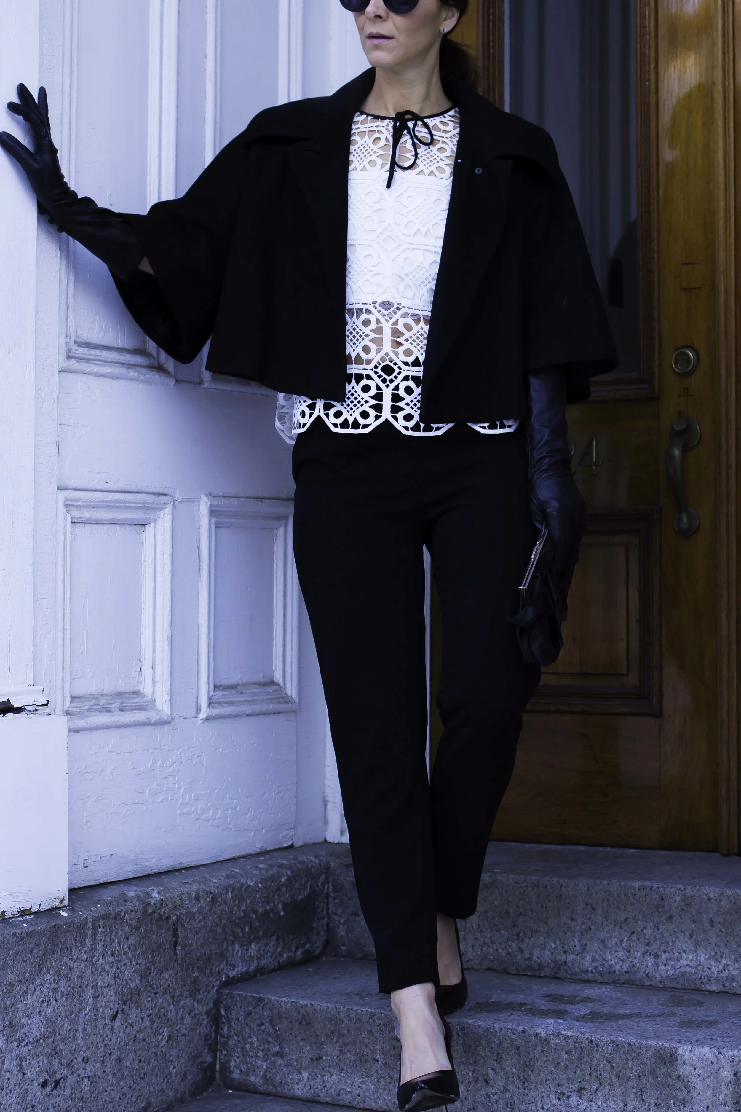 Work Wear Outfits - Casual Outfits - Weekend Outfits - Date Night Outfit - Long Leather Glove Outfits - White Crochet Top Outfits - Black and White Outfit Ideas- Fashion for Women - heartandseam.com #heartandseam