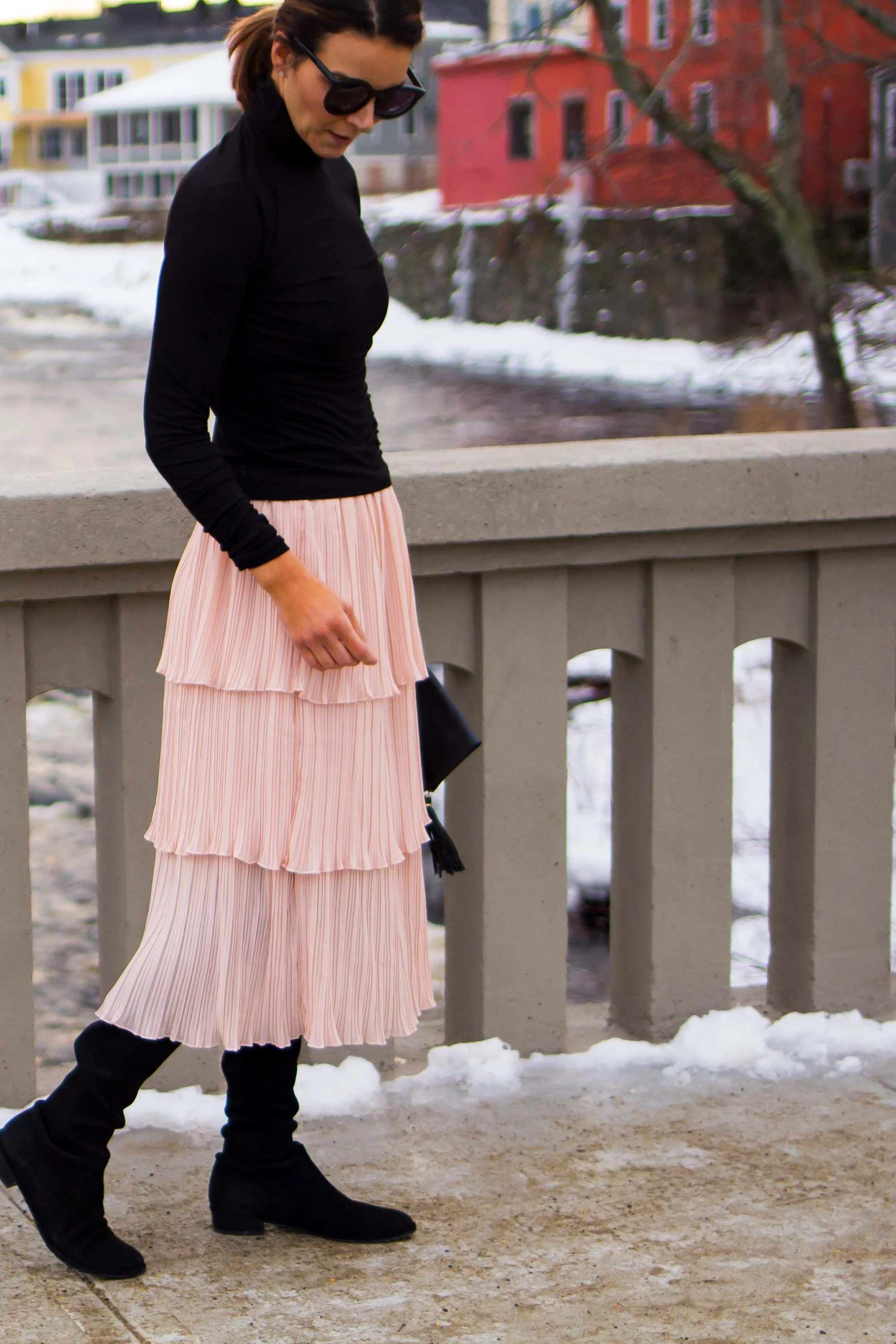 Midi Skirt Outfits - Tiered Skirt Outfits -Ruffle Midi Skirt Outfits - Nude Skirt Outfits - Blush Skirt Outfits - Weekend Outfits - Casual Outfits for Women - OTK Boot Outfits - Over the Knee Boot Outfits - Work Outfits for Women - Fashion for Women - heartandseam.com #heartandseam