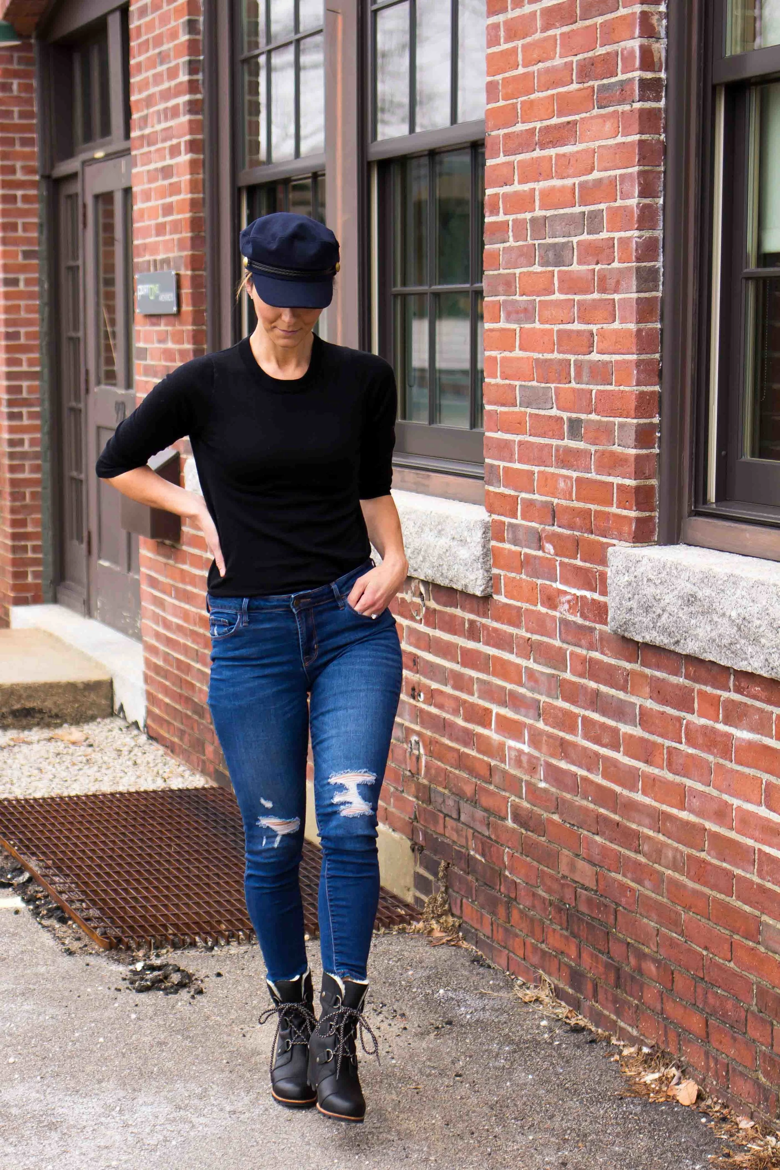 Casual Friday Outfits - Weekend Outfits - Fashion for Women - Sorel Boots - Captain's Cap - Weekend Wear heartandseam.com #heartandseam