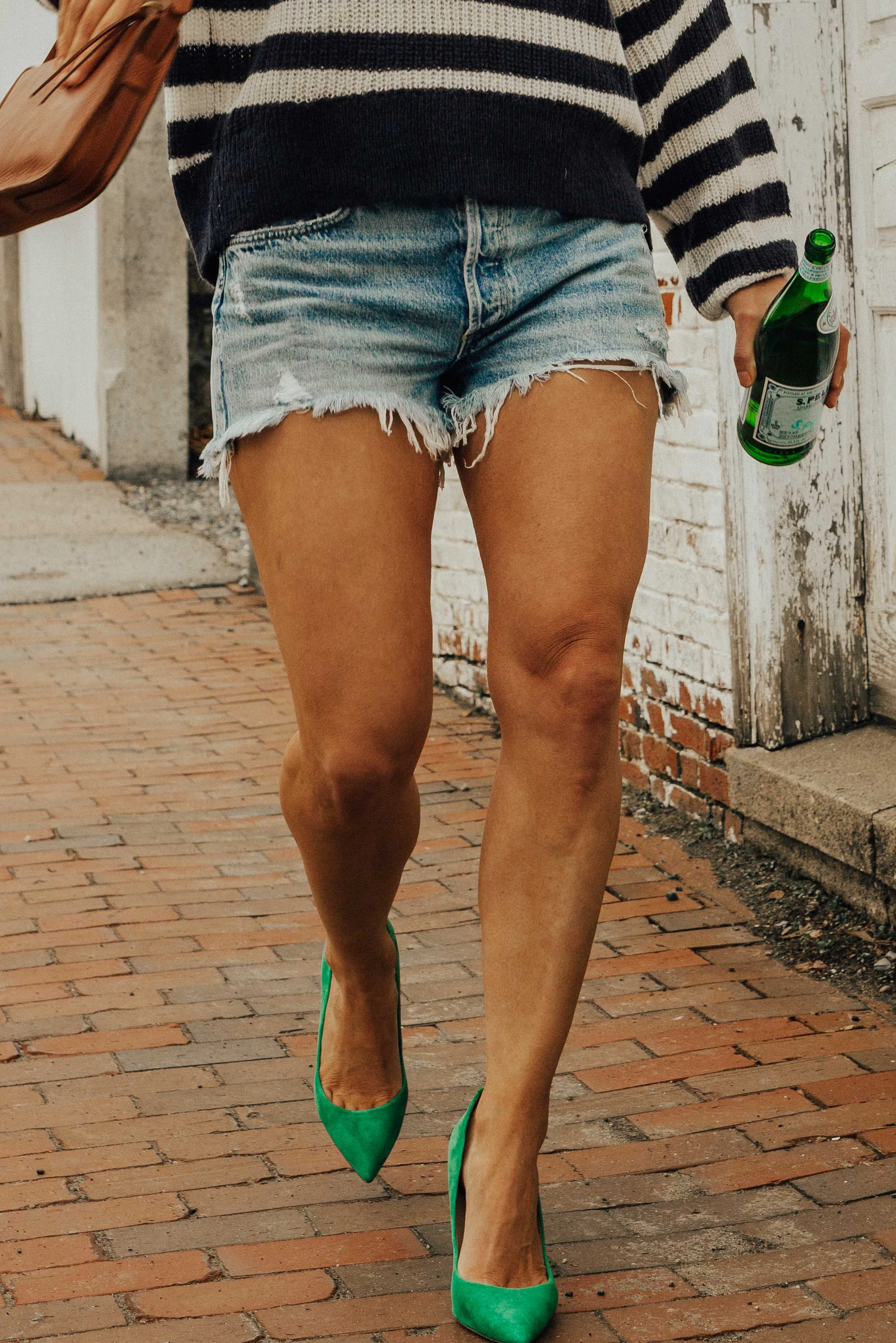 Denim shorts - Summer Outfit Ideas - Summer Fashion for Women - Green Heels Outfit - Denim Shorts Outfit - Navy Striped and Denim Shorts Outfit Ideas - www.heartandseam.com - #heartandseam