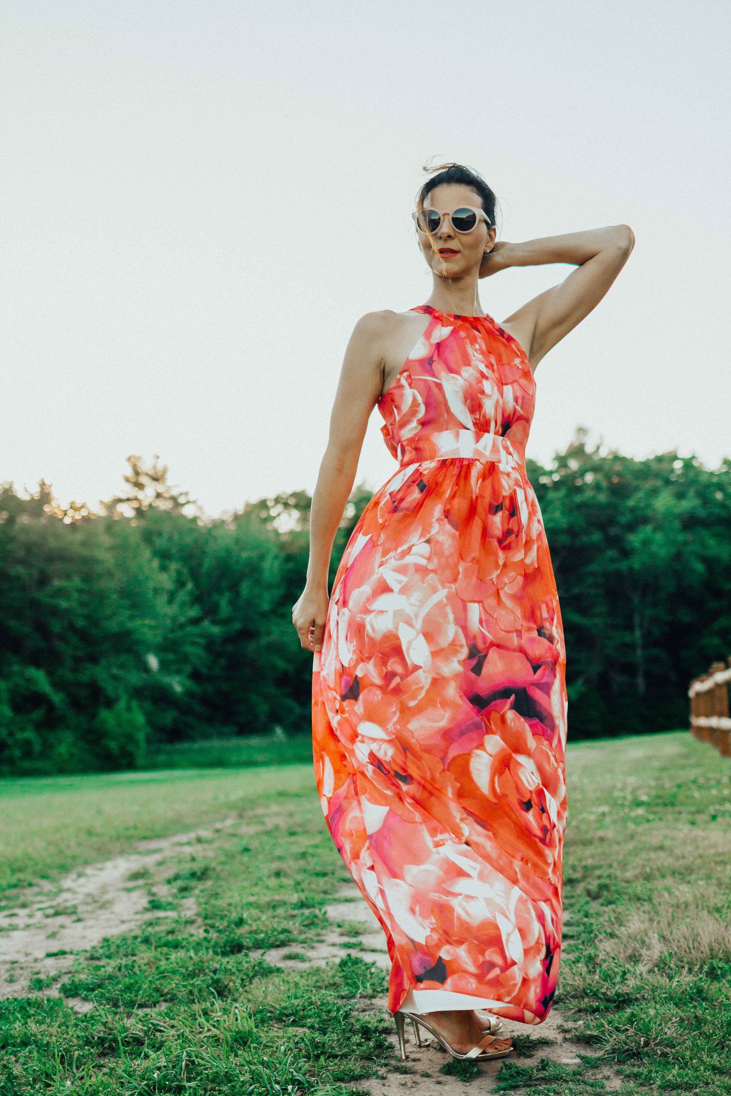 eliza j floral print chiffon halter maxi dress