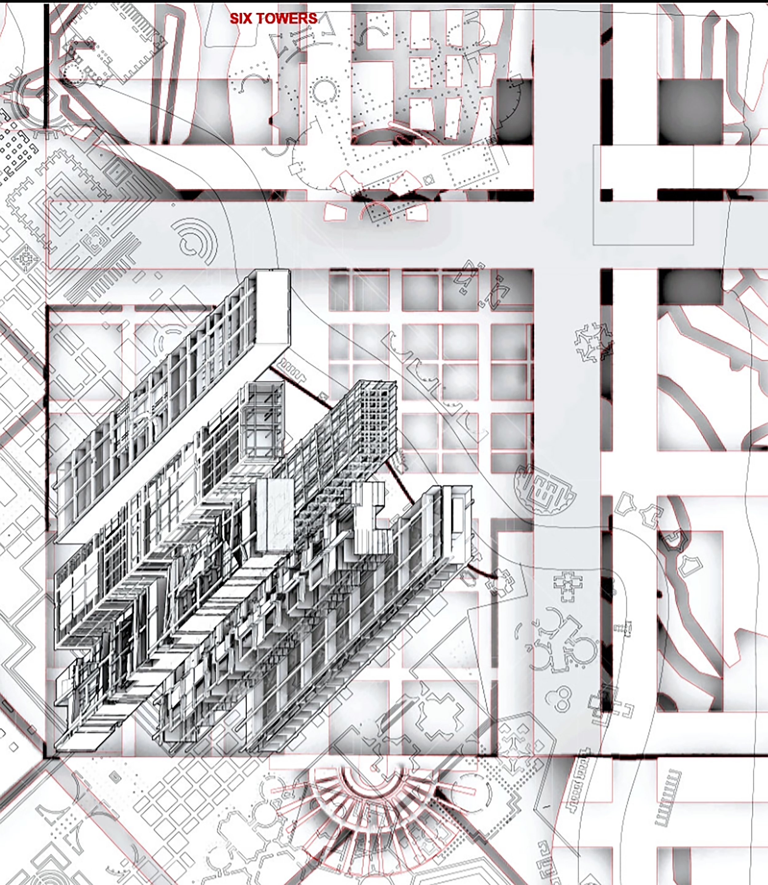  digital artwork credit Eisenman Architects    In this image towers are engraved from the fabric of Rome. Their expression drawn from the latent potential of grid logic and the architectural fantasies of Piranesi. 