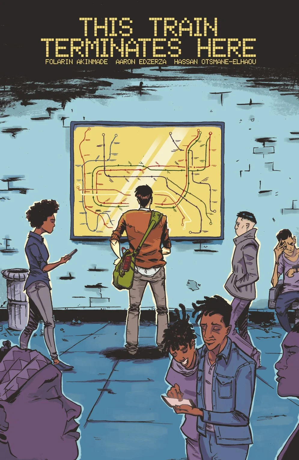 Comic book cover for This Train Terminates Here. It features a man looking at a train map, holding a bag with wires exposed.