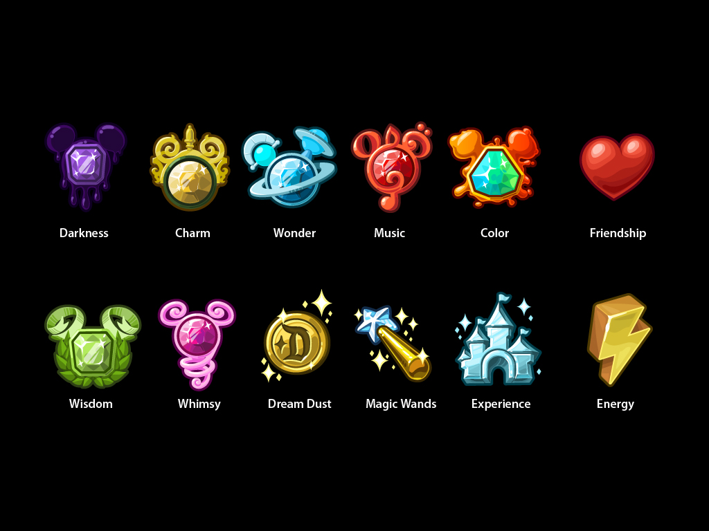 The 12 resources players would have needed to collect. Most of these were turned into collectable enamel pins.