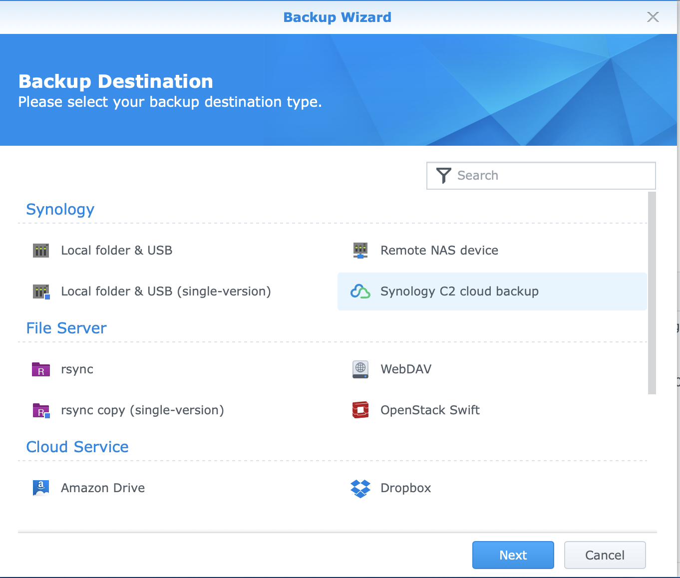 Choose Synology C2 cloud backup as destination