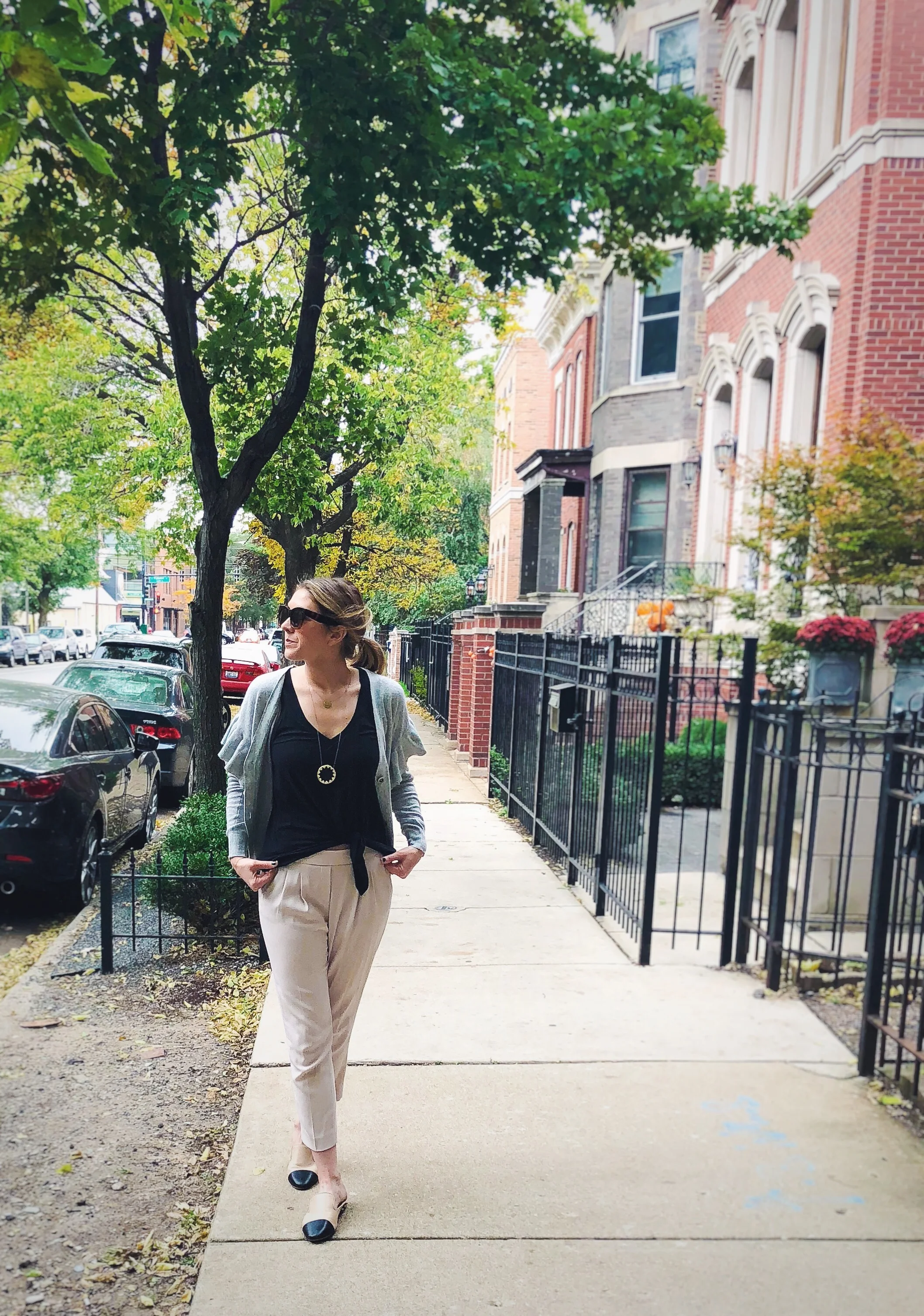 anthro ruffle sleeve cardigan , babaton pants from aritizia , lulu lemon tank