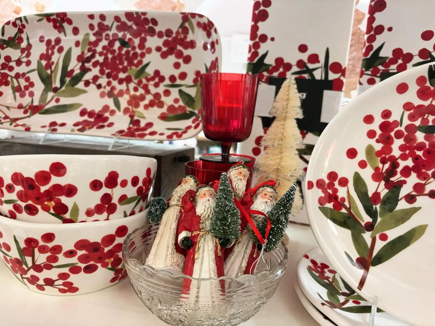 Our favorite tabletop collection is back in stock! This gorgeous berry pattern is perfect for the holidays, but could really be used year round. It&rsquo;s even prettier in person - come see it for yourself!