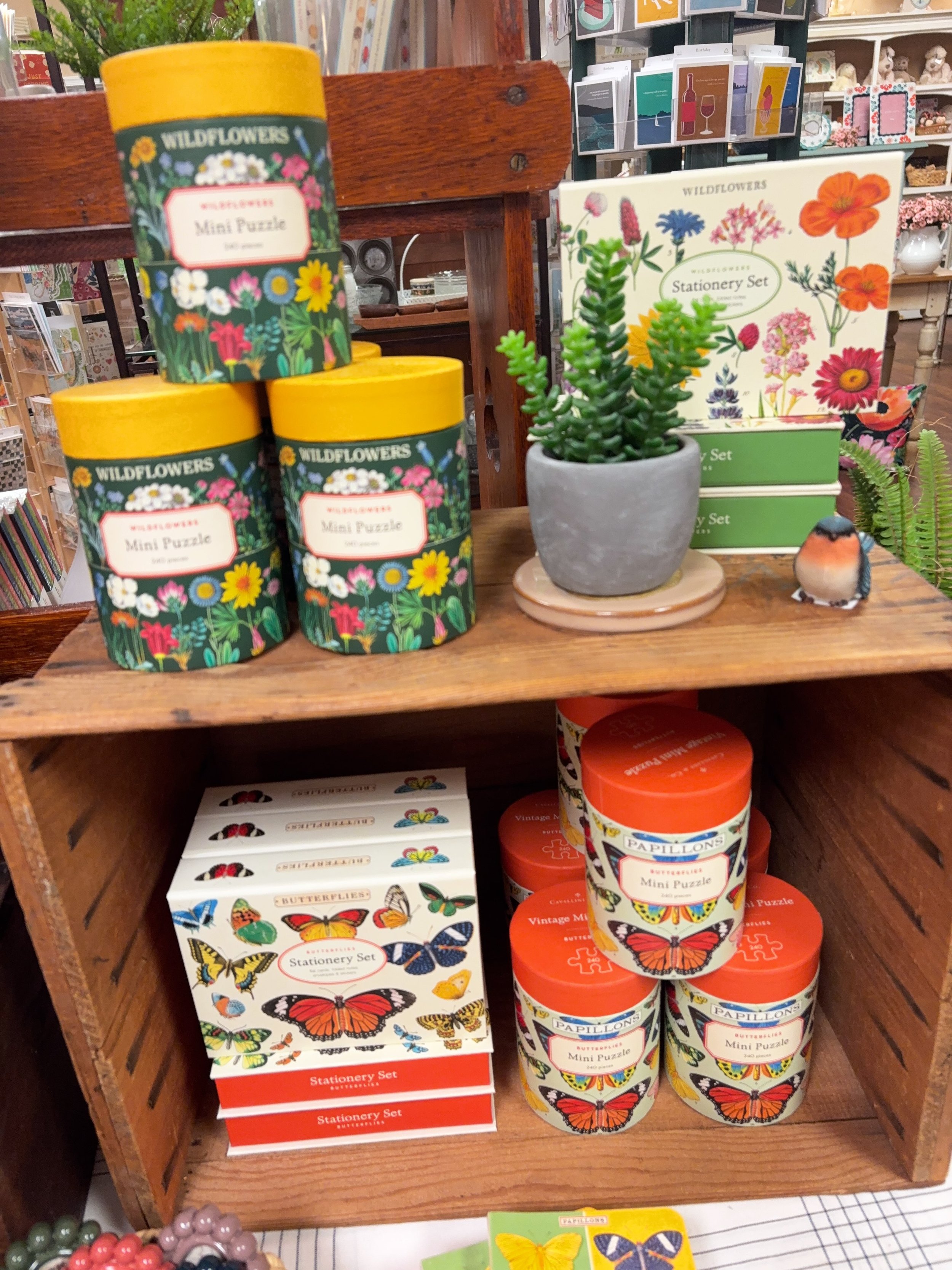 Fun new stationery arrivals! We carried this line years ago and are so excited to welcome their beautiful designs back to the shop. Notecards, sticky notes, pencils and notepads, plus coordinating mini (250 piece) puzzles. Stop by to see the whole co