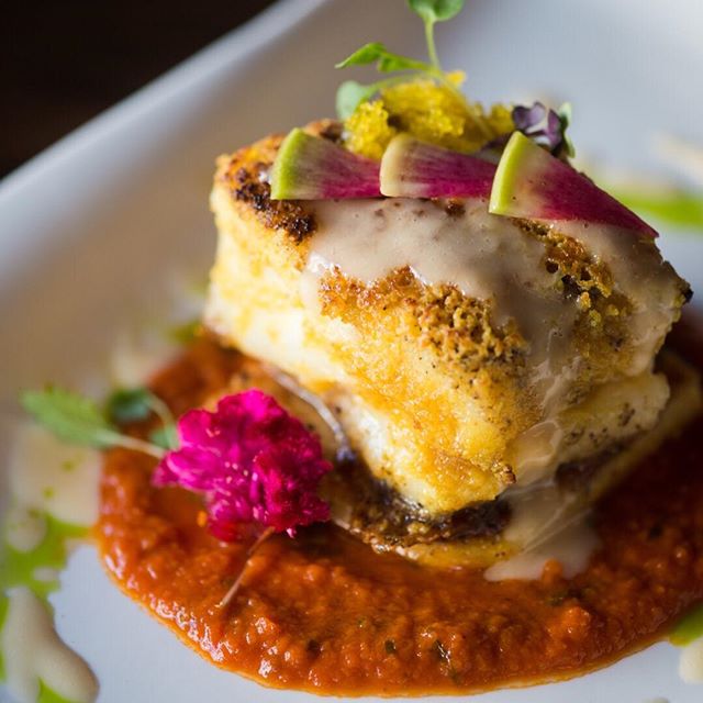 The Conche serves up beautiful and unique dishes, such as this Citrus Crusted Cod, a lightly crunchy fillet of cod atop a tower of polenta, with fresh marinara underneath, topped with Yuzu Tobiko. Shot for @PoshSeven - check out the full article on t