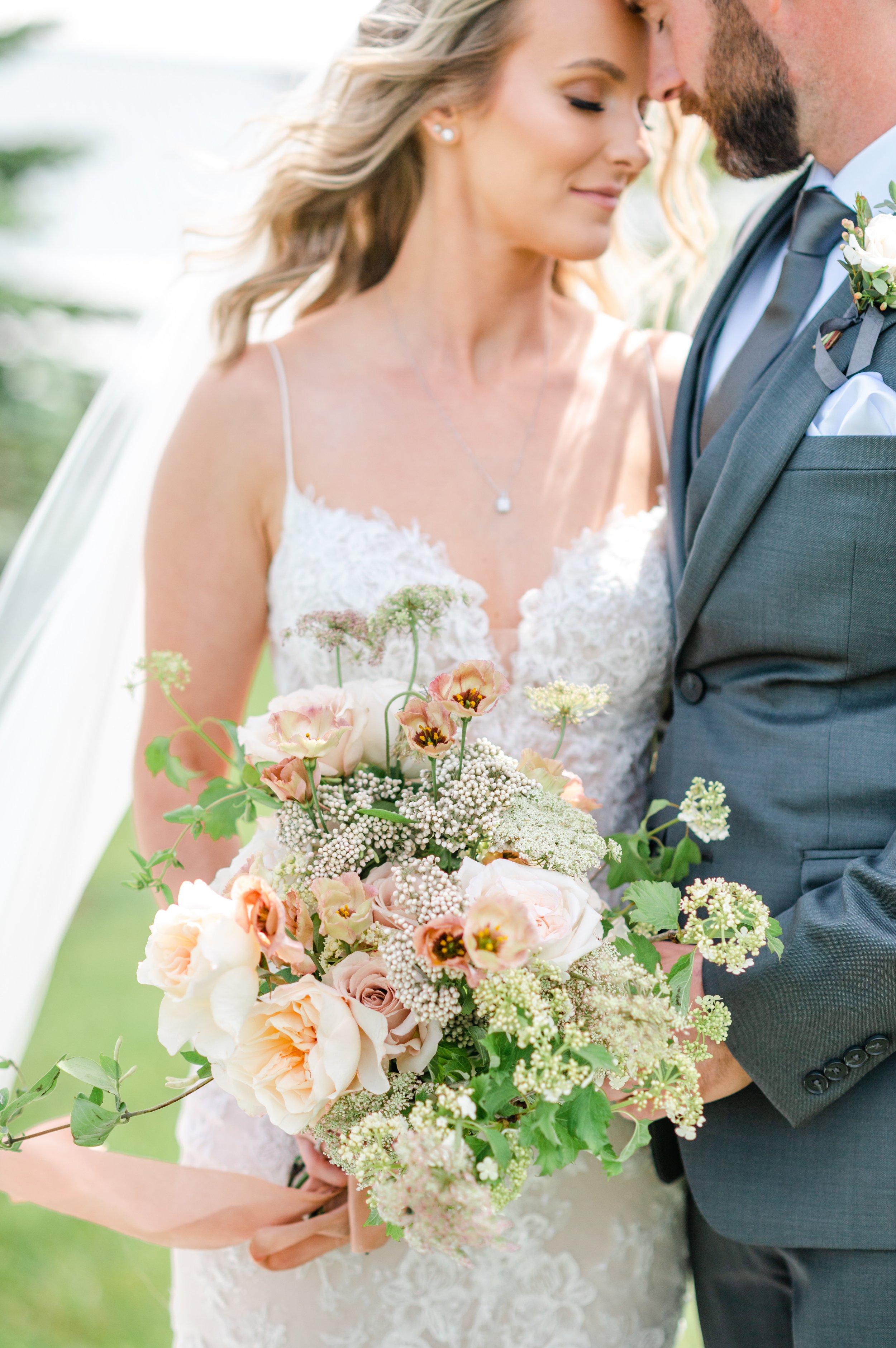 wild and textural bouquet early summer wedding at overlook barn