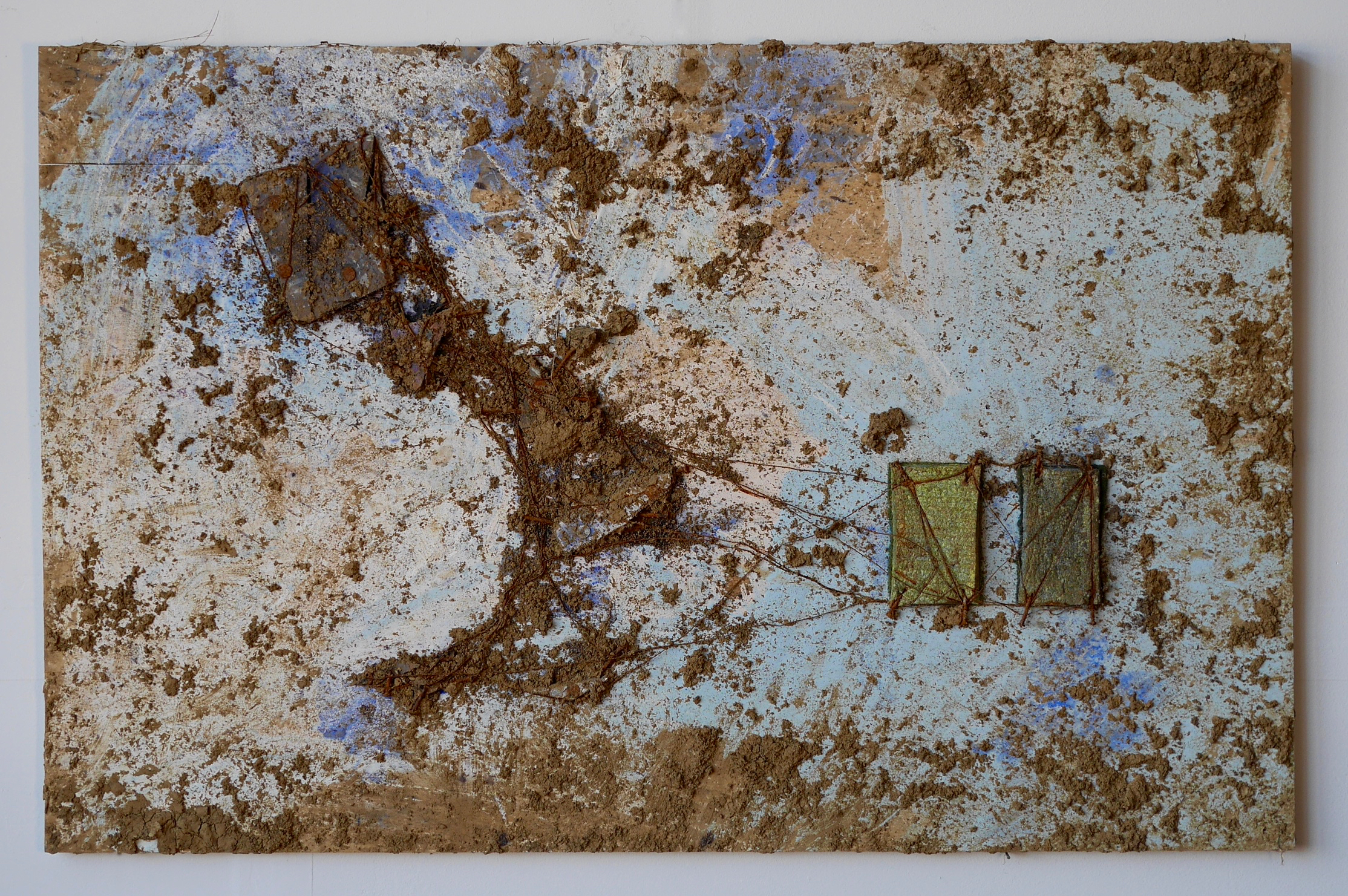 Number 2 - Soft Side 24” x 32” Two-sided dish sponges, nails, wood, acrylic, milk, vinegar, salt, ink, white flour, dye, steel wire, staples, rust, dirt, mold on wood (2015)