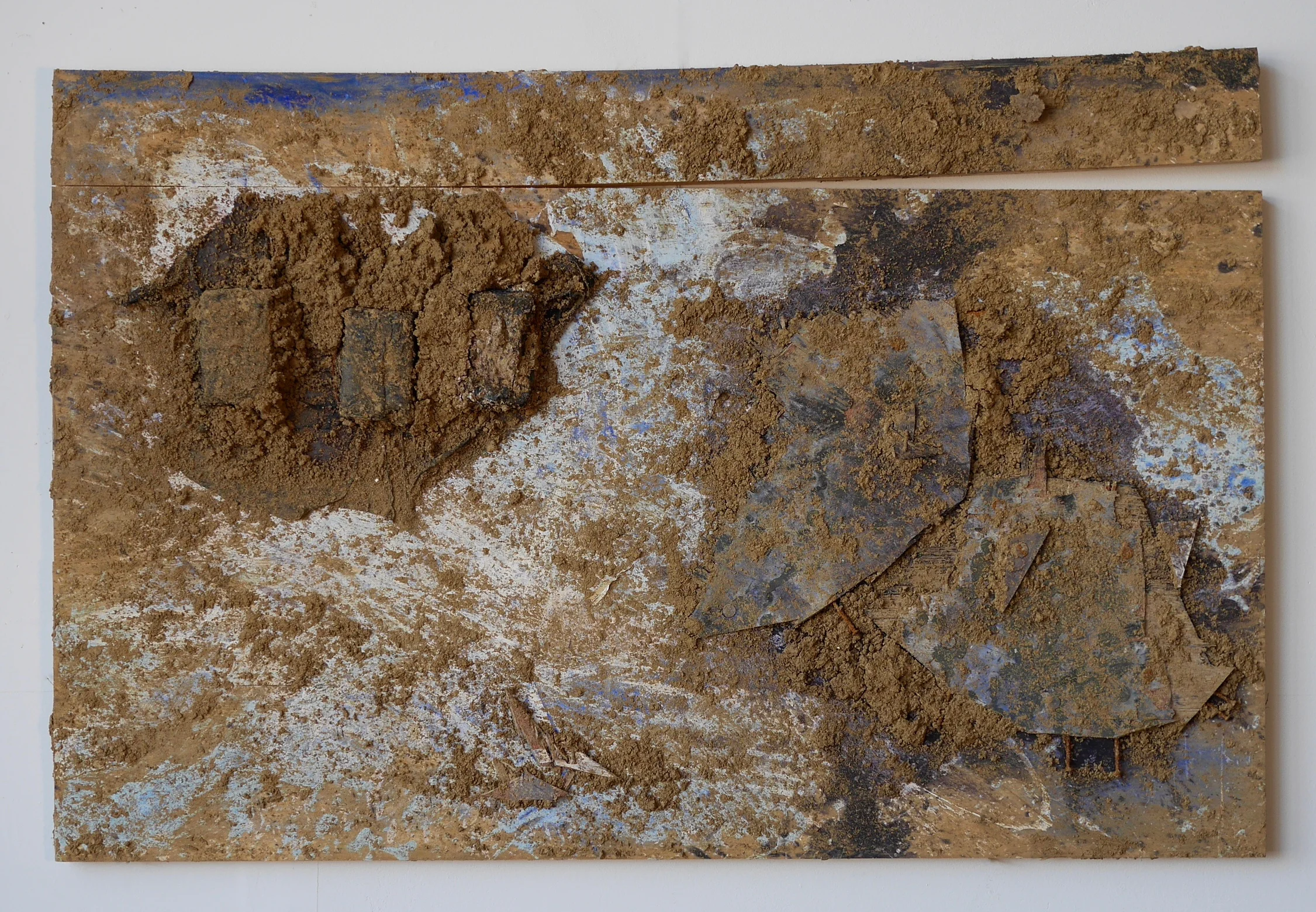 Number 3 - Wash Your Mouth Out 24” x 32” Ivory Soap in packaging, ivory soap without packaging, black dress fabric piece, nails, wood, acrylic, milk, vinegar, salt, ink, dye, white flour, steel wire, staples, rust, dirt, mold on wood (2015)