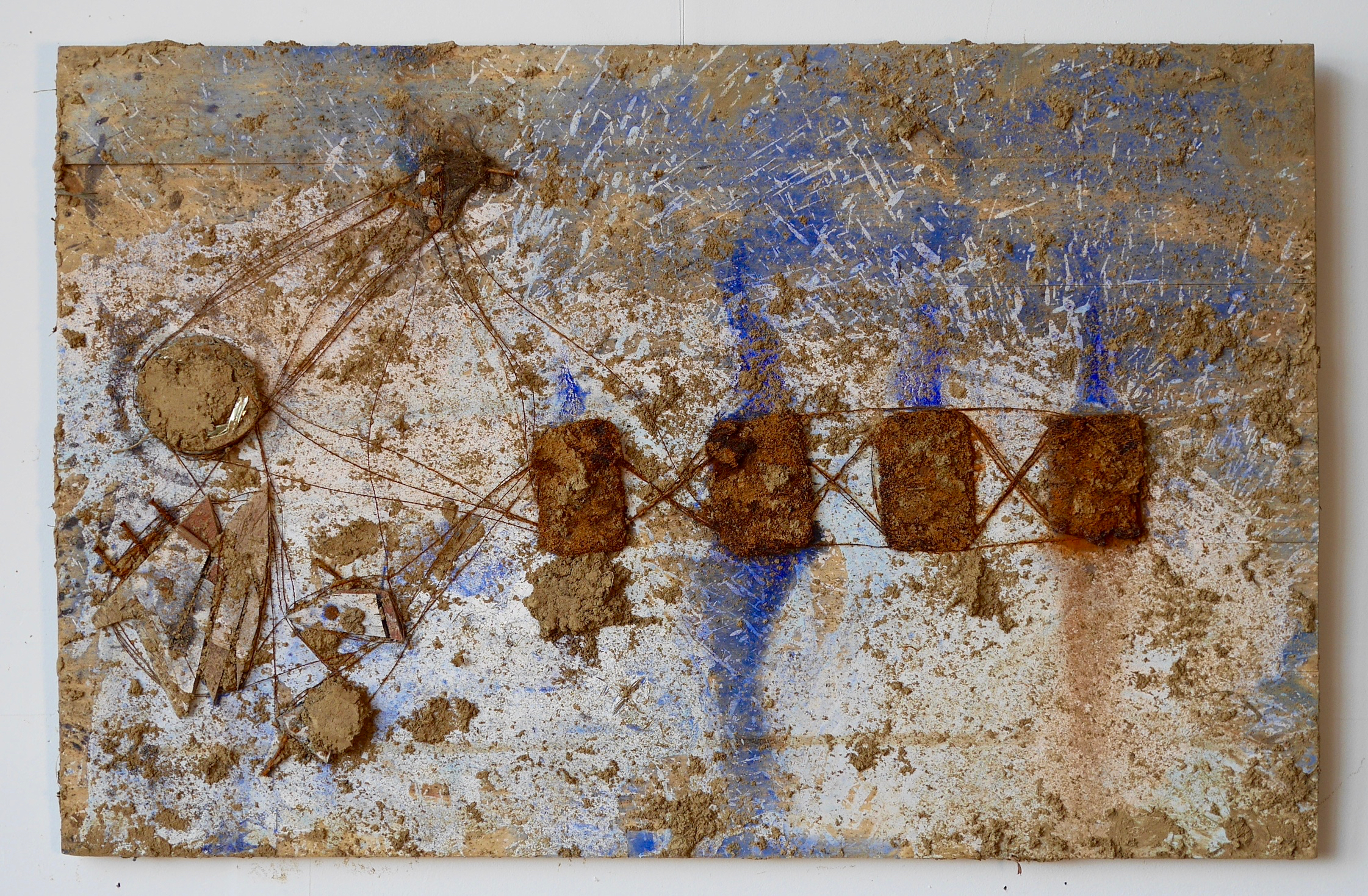 Number 4 - What They Brought With Them 24” x 32” Hair, steel wool pads, pink glass beads, concealer, crushed can, nails, wood, acrylic, milk, vinegar, salt, ink, dye, white flour, steel wire, staples, rust, dirt, mold on wood (2015)