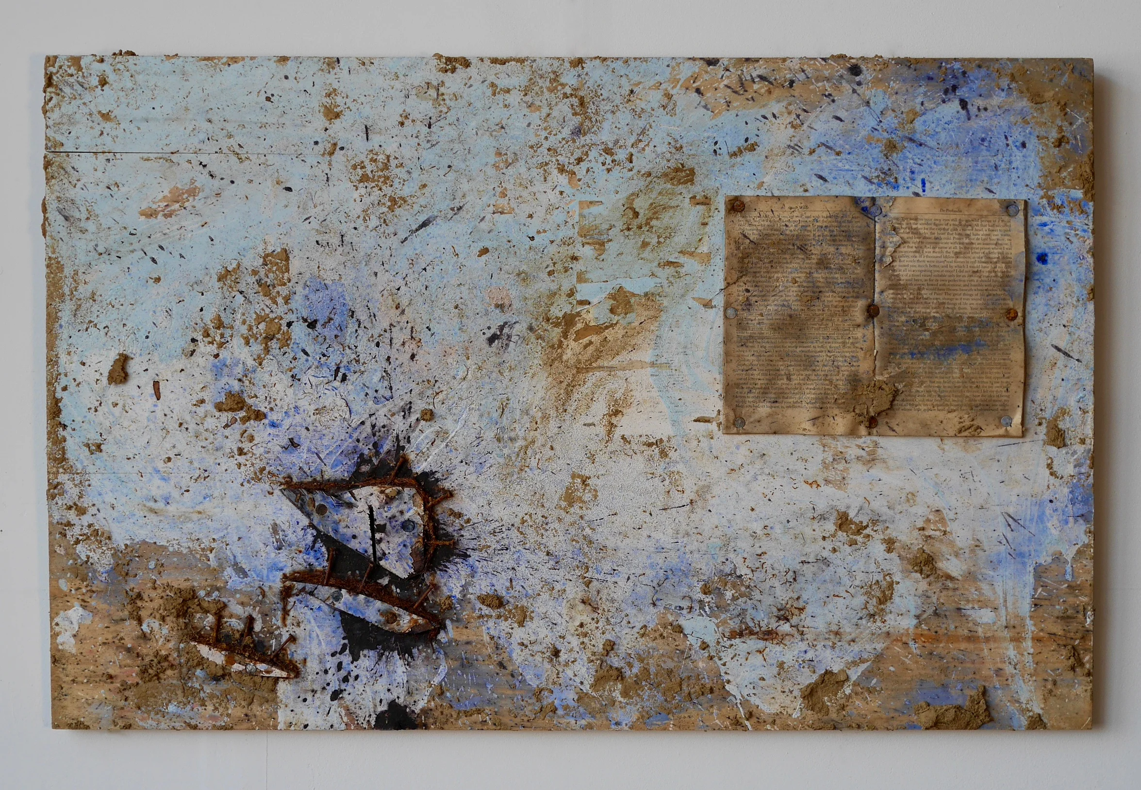 Number 6 - Your Own Silence 24” x 32” “De Profundis", nails, wood, acrylic, milk, vinegar, salt, ink, white flour, steel wool, dye, steel wire, staples, rust, dirt, mold on wood (2015)