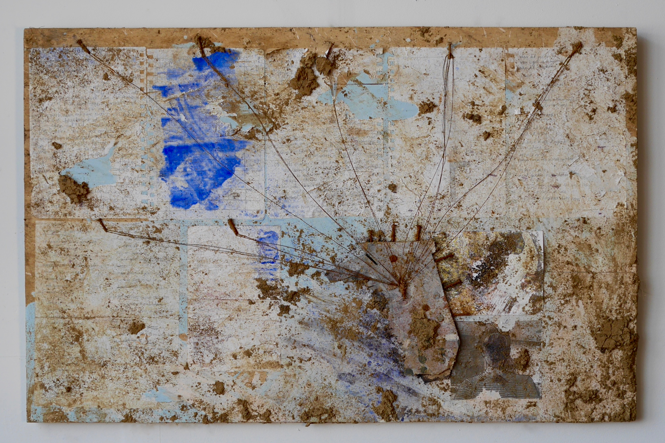 Number 7 - Evidence 24” x 32” Journal entries, self-portrait 2004 on photographic paper, self-portrait 2008 on copy paper, white-out, nails, wood, acrylic, milk, vinegar, salt, ink, dye, white flour, steel wire, staples, rust, dirt, mold on wood (2015)