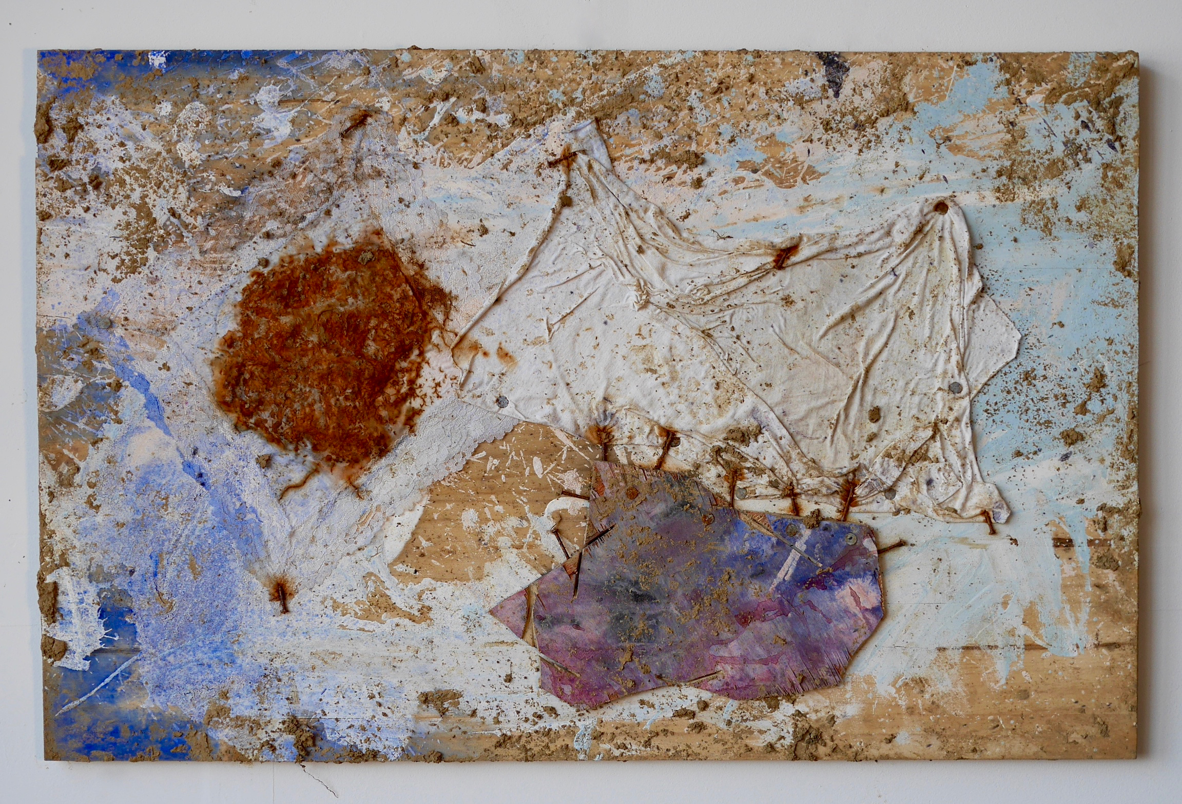 Number 8 - Hidden, Sleeping 24” x 32” Lace handkerchief, steel wool, white t-shirt fabric piece, nails, wood, acrylic, milk, vinegar, salt, ink, dye, white flour, steel wire, staples, rust, dirt, mold on wood (2015)