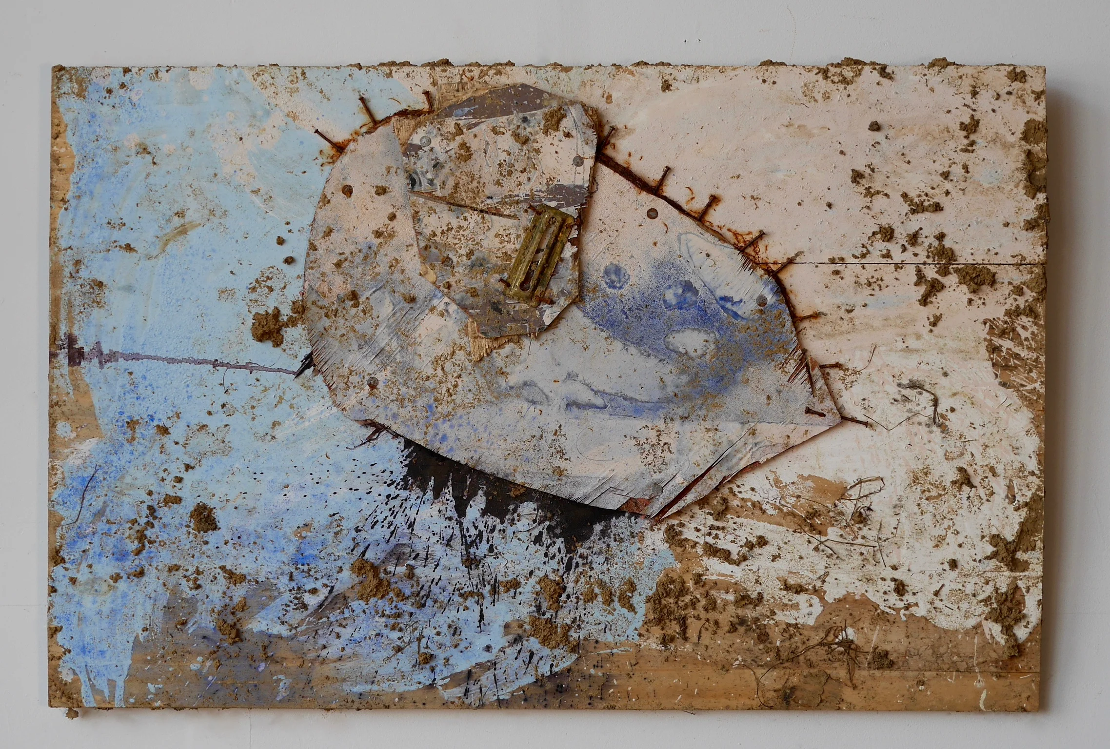 Number 1 - The Opposite of Trying 24” x 32” Chain lock (half), steel wool, nails, wood, acrylic, milk, vinegar, salt, ink, dye, white flour, rust, dirt, mold on wood (2015)