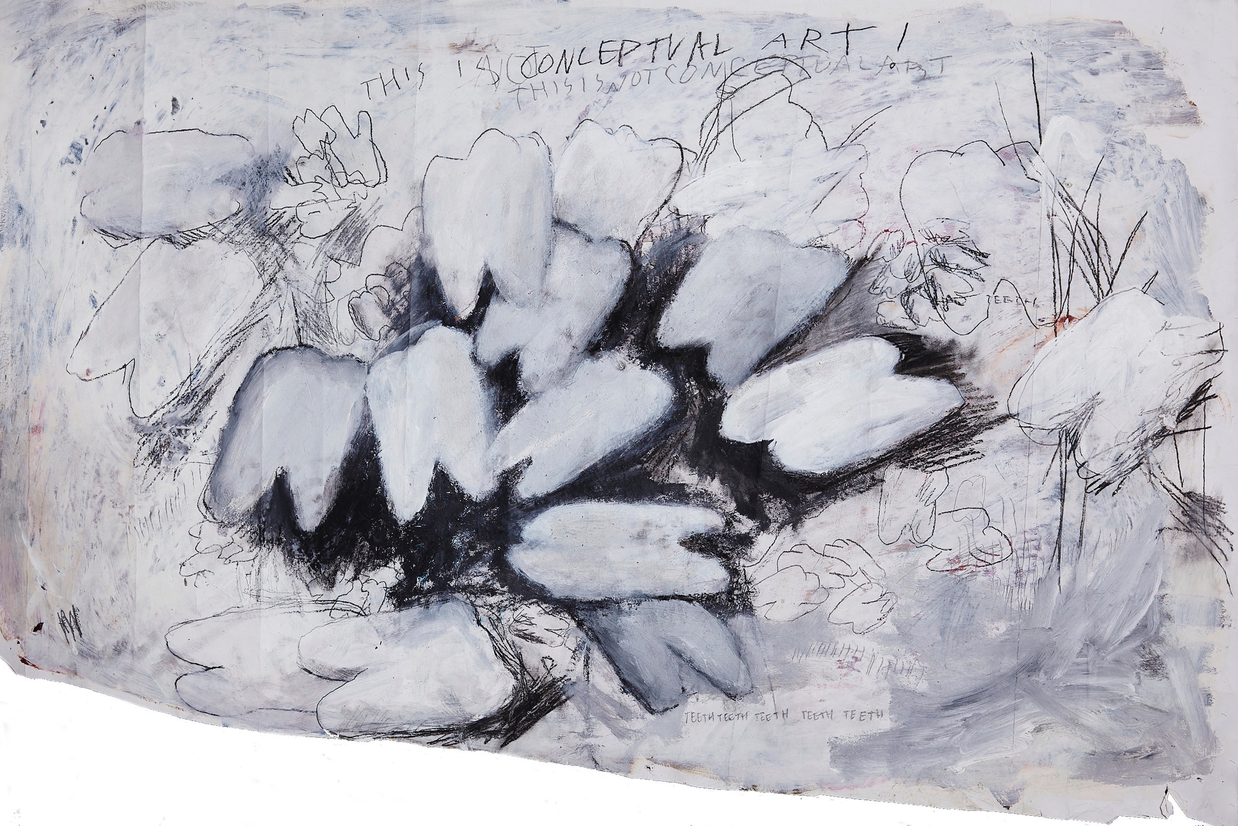 I can feel my teeth oil, pencil, acrylic, charcoal and plaster on paper