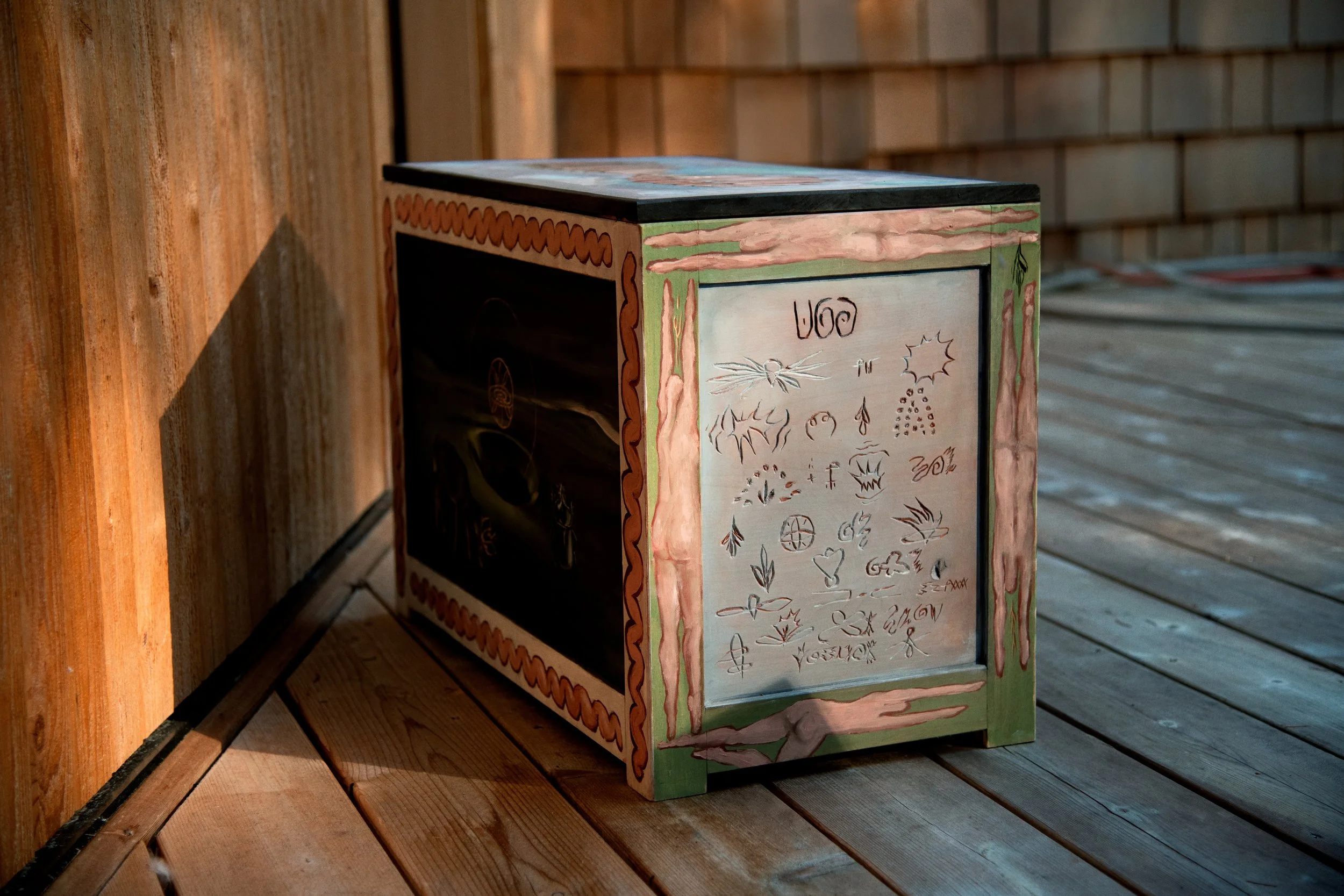  painted blanket chest  poplar, oil paint 