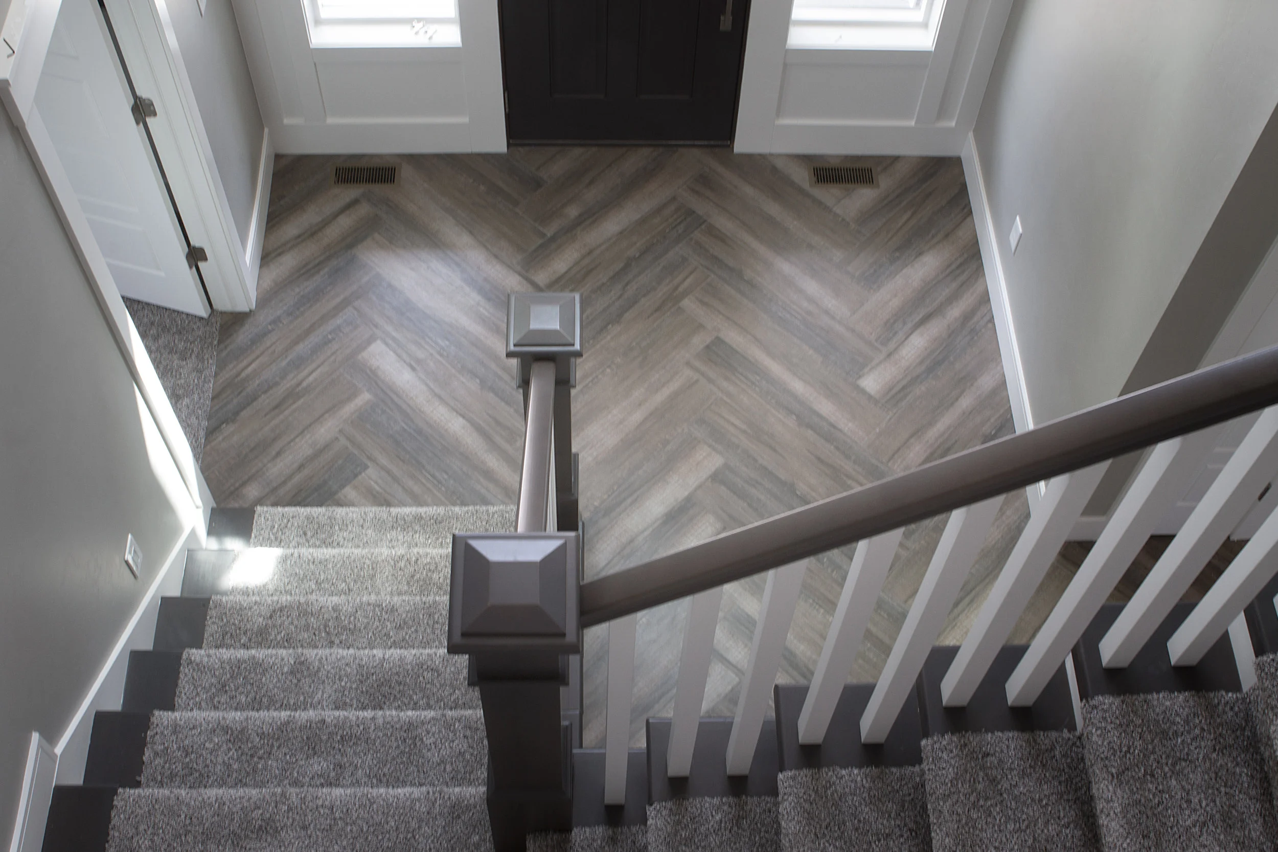 Herringbone Wood Texture Tile Floor Installation - Kitchen / Entry