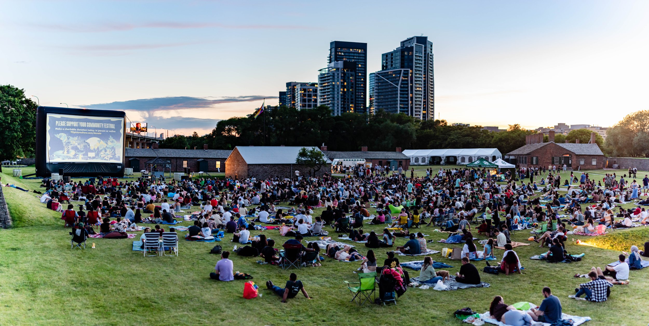  Crowd enjoying sunset before outdoor film at For York  