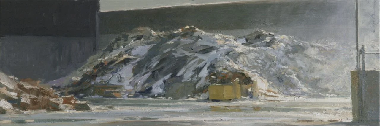 Paper Pile & Mist; Rock Tenn Recycling Plant , oil on panel, 10" x 30"