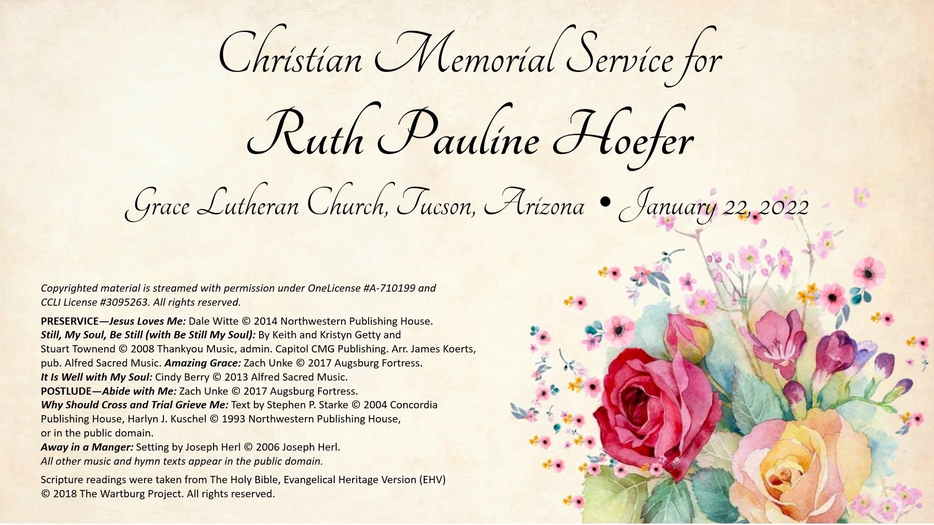 1/22 10:30am - Christian Memorial Service for Ruth Hoefer