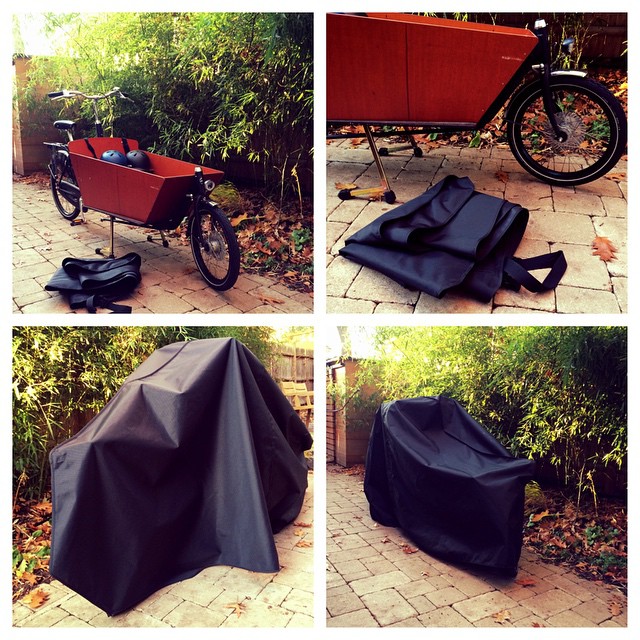 Outdoor storage cover for a cargo bike. One-of-a-kind (for now).