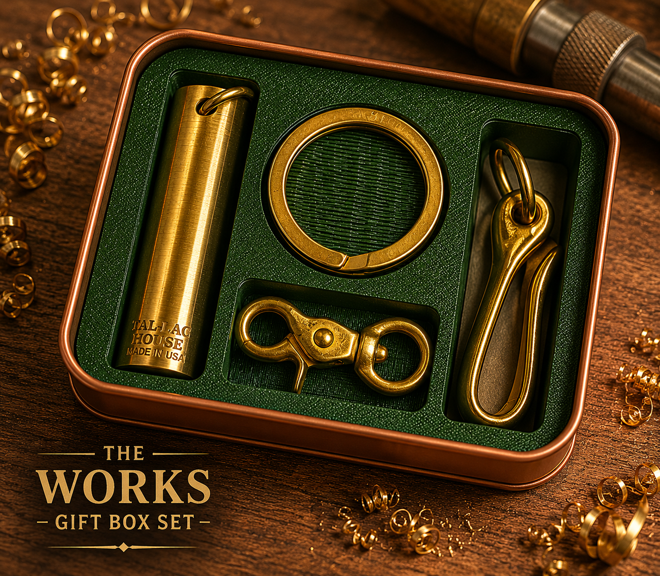 A gift box set with gold-colored pieces, including a cylindrical container, a large round ring, a lobster clasp, and a hook clasp, arranged on a wooden surface with scattered gold curly ribbons and a shotgun in the background.