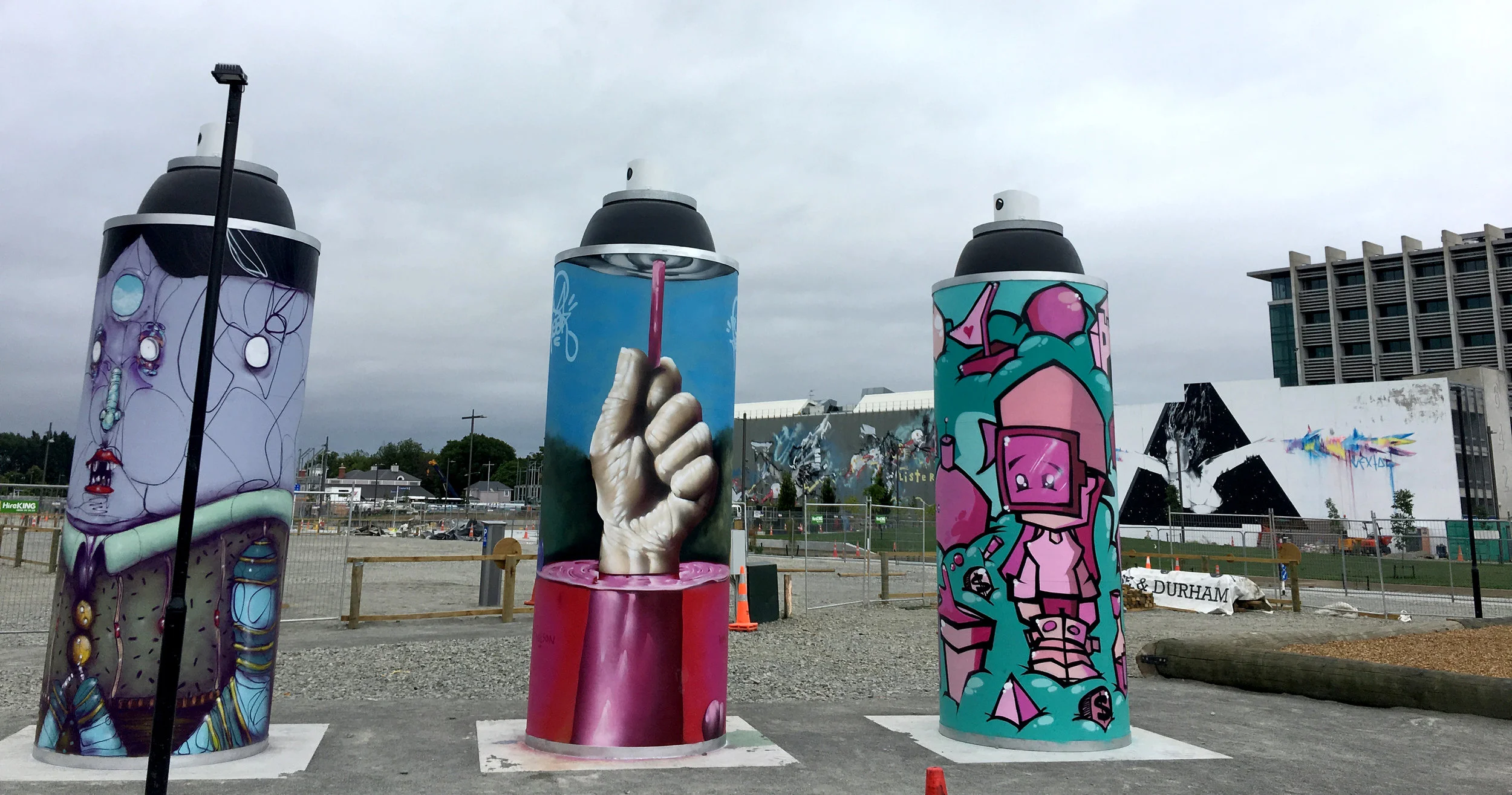 Gap Filler's giant spray paint cans in Christchurch's East Frame.