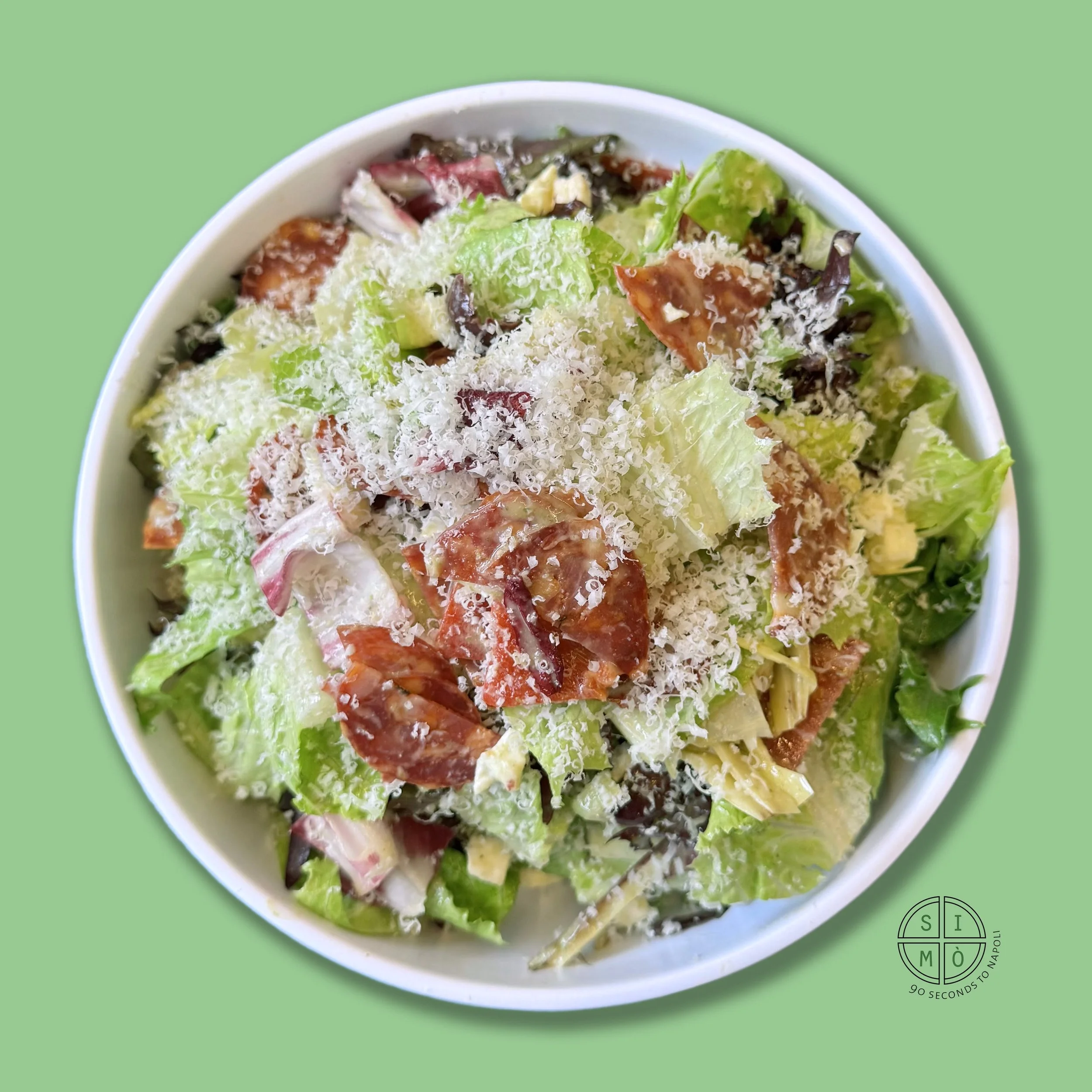 SIMÒ PIZZERIA CHOP
$14.90
– GF – house greens, spicy salami, mozzarella, parmigiano reggiano, radicchio, artichoke, roasted pepper, olive, herb dressing