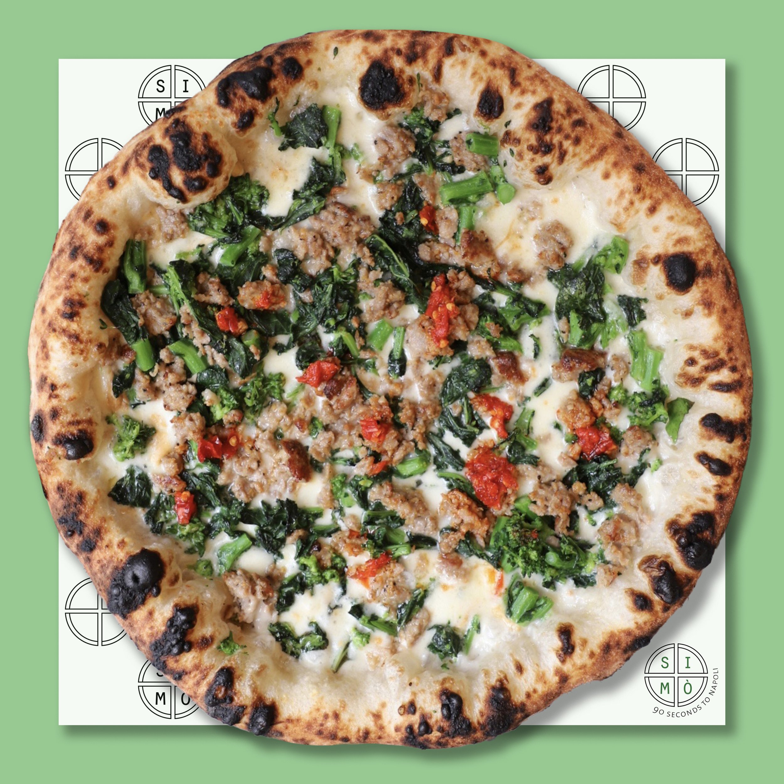 SIMÒ SAUSAGE & RABE
$17.90 
– smoked mozzarella (provola), broccoli rabe, sweet italian sausage, calabrian chili (🌶️)