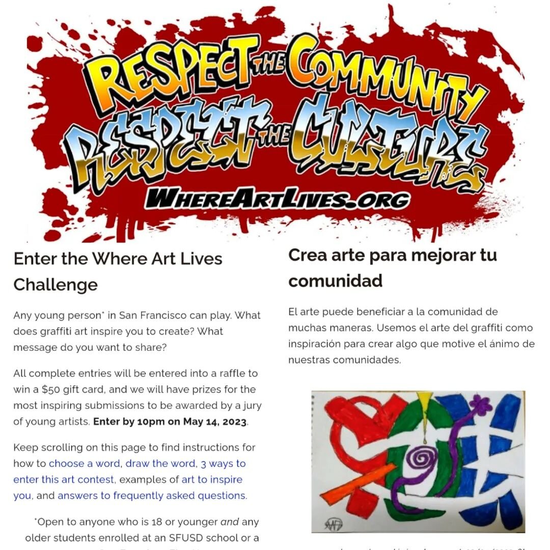 Enter the Where Art Lives Challenge!

Participa en el Reto de Where Art Lives!

Visit WhereArtLives.org to learn how young people in San Francisco and all @sfunified schools and SF @fivekeysschoolsandprograms can win prizes by submitting graffiti-ins
