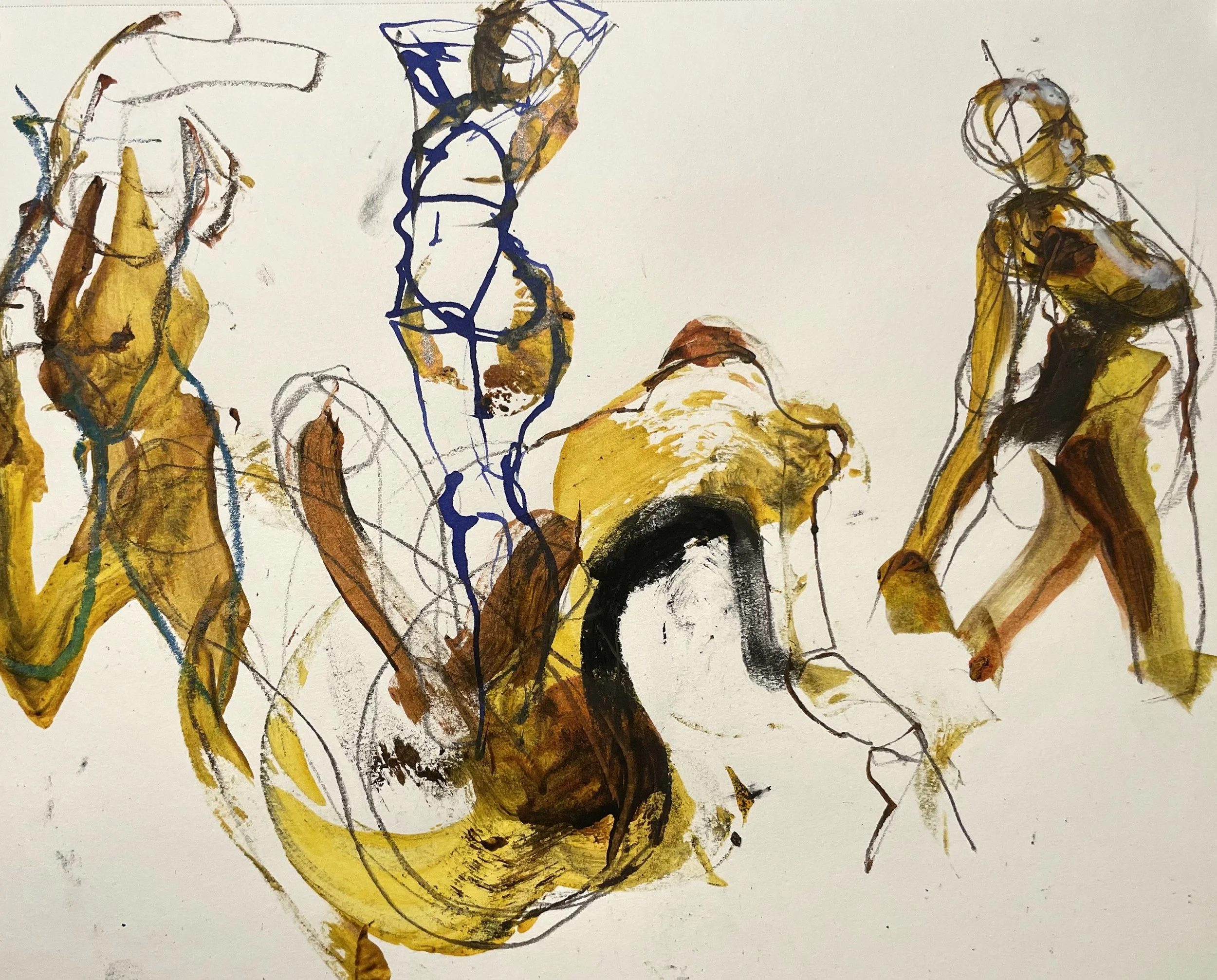   Responding to rapid gestures (2023)  Watercolor ink, charcoal and acrylic on paper 24” X 18” 