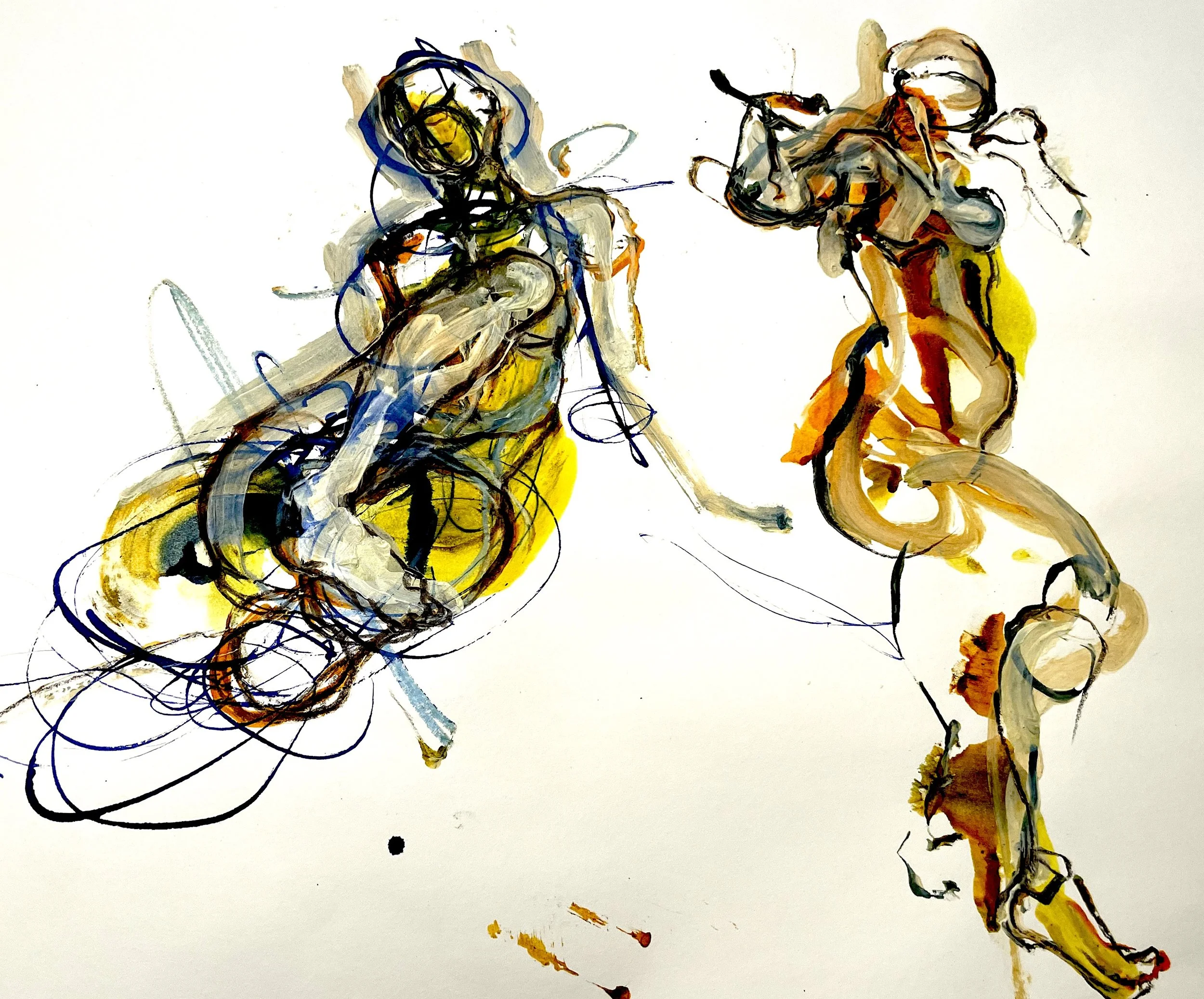   Pair of rapid gestures (2023)  Watercolor ink, charcoal and acrylic on paper 24” X 18” 