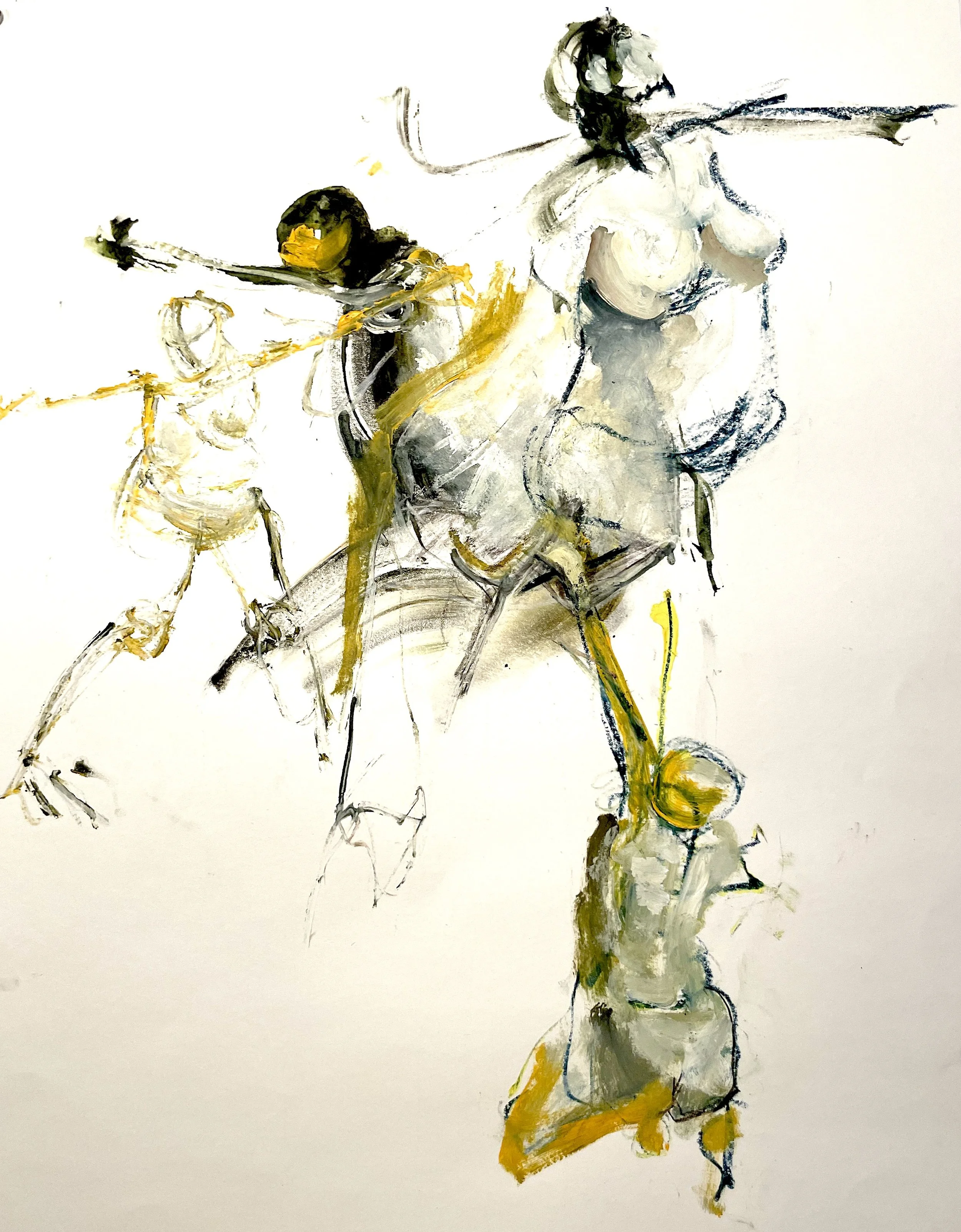   Responding to rapid gestures (2023)  Watercolor ink, charcoal and acrylic on paper 24” X 18” 
