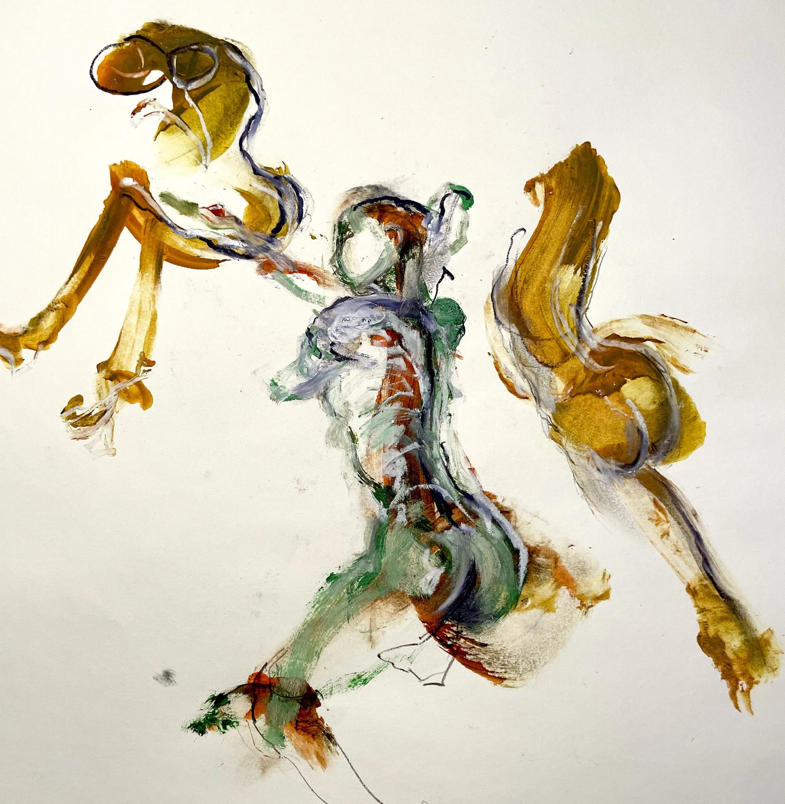   Responding to rapid gestures (2023)  Watercolor ink, charcoal and acrylic on paper 24” X 18” 