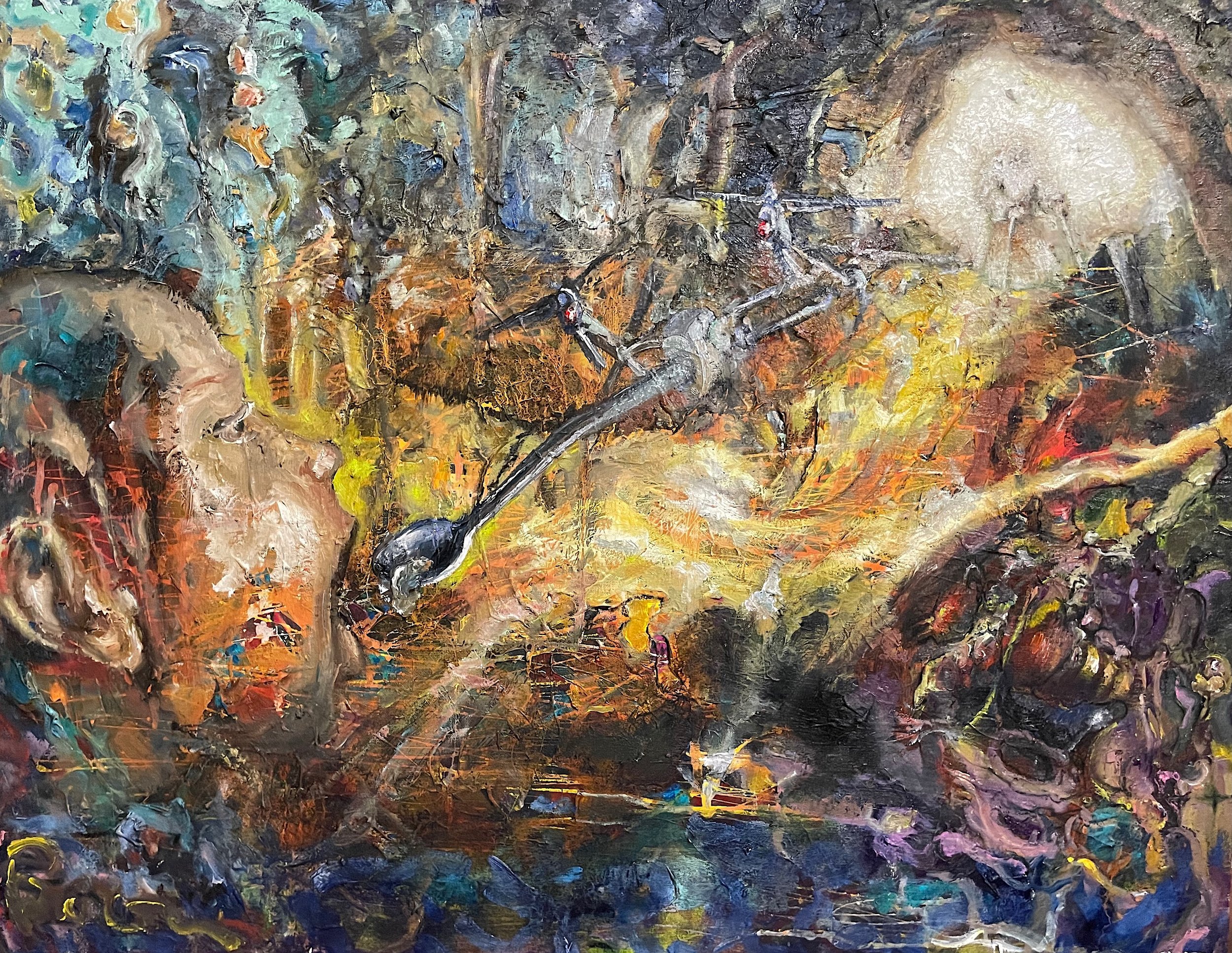   Human baby spoon fed by a drone in Plato’s cave (2024)  Oil on canvas 40” x 30”   $1800   