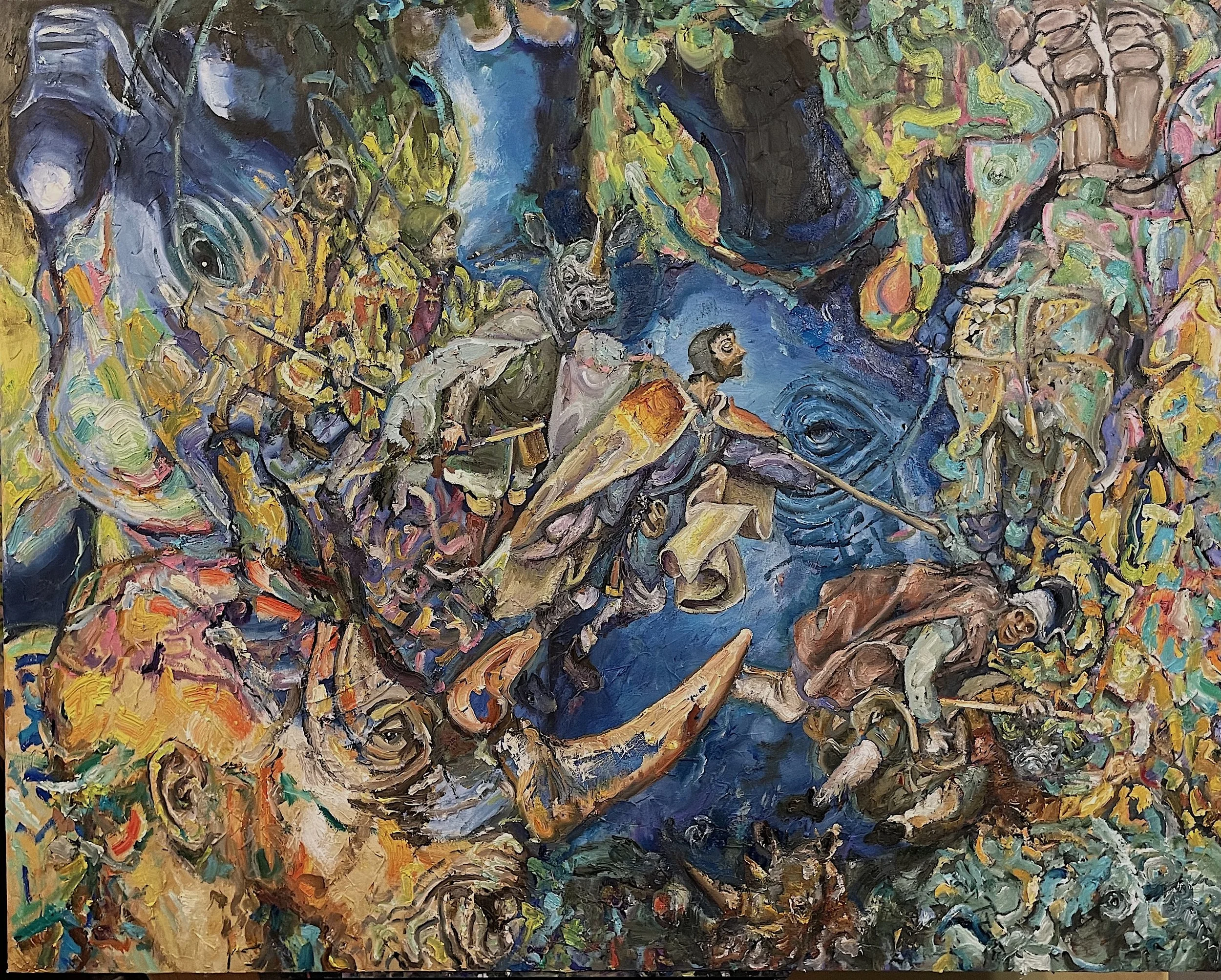   Ionesco’s rhinos (2024)  Oil on canvas 60” x 48”   $3400    In Ionesco's absurdist play "Rhinocéros" an entire town gradually succumbs to the lure of fascism. Inspired by Ionesco's cautionary tale, this painting appropriates the six figures from  B